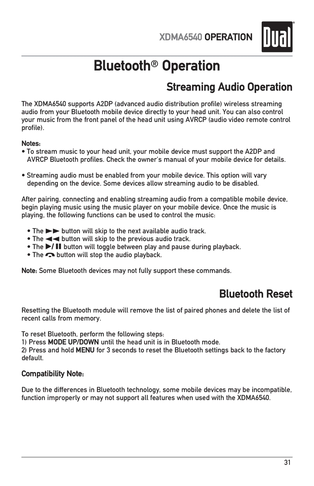 Dual XDMA6540 owner manual Streaming Audio Operation, Bluetooth Reset 