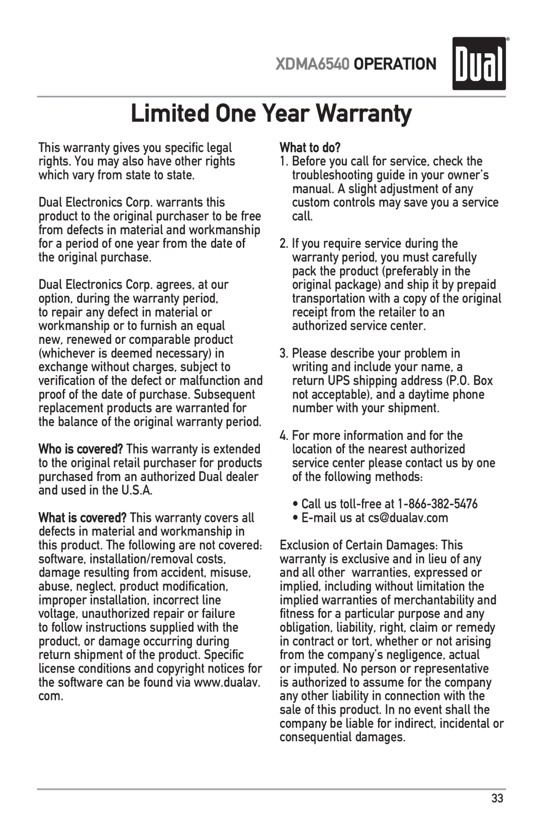 Dual XDMA6540 owner manual Limited One Year Warranty, What to do? 