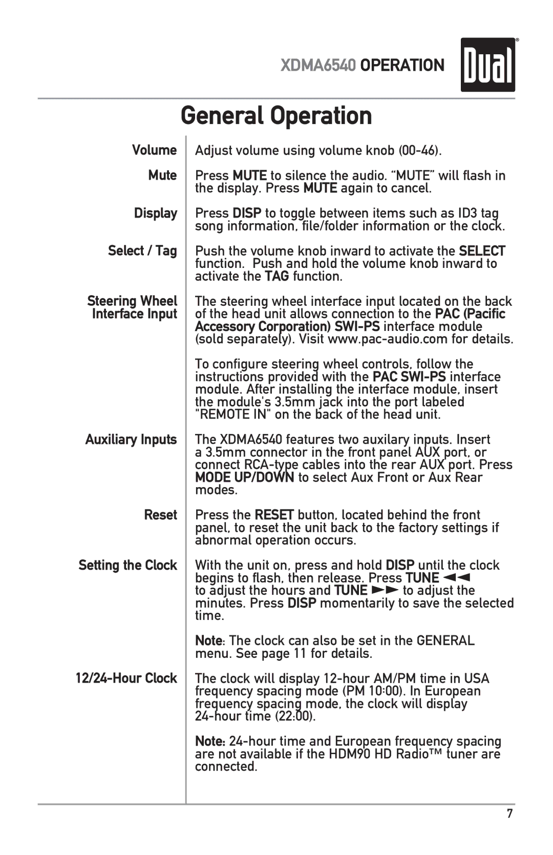 Dual XDMA6540 owner manual Auxiliary Inputs Reset Setting the Clock 12/24-Hour Clock, Steering Wheel Interface Input 