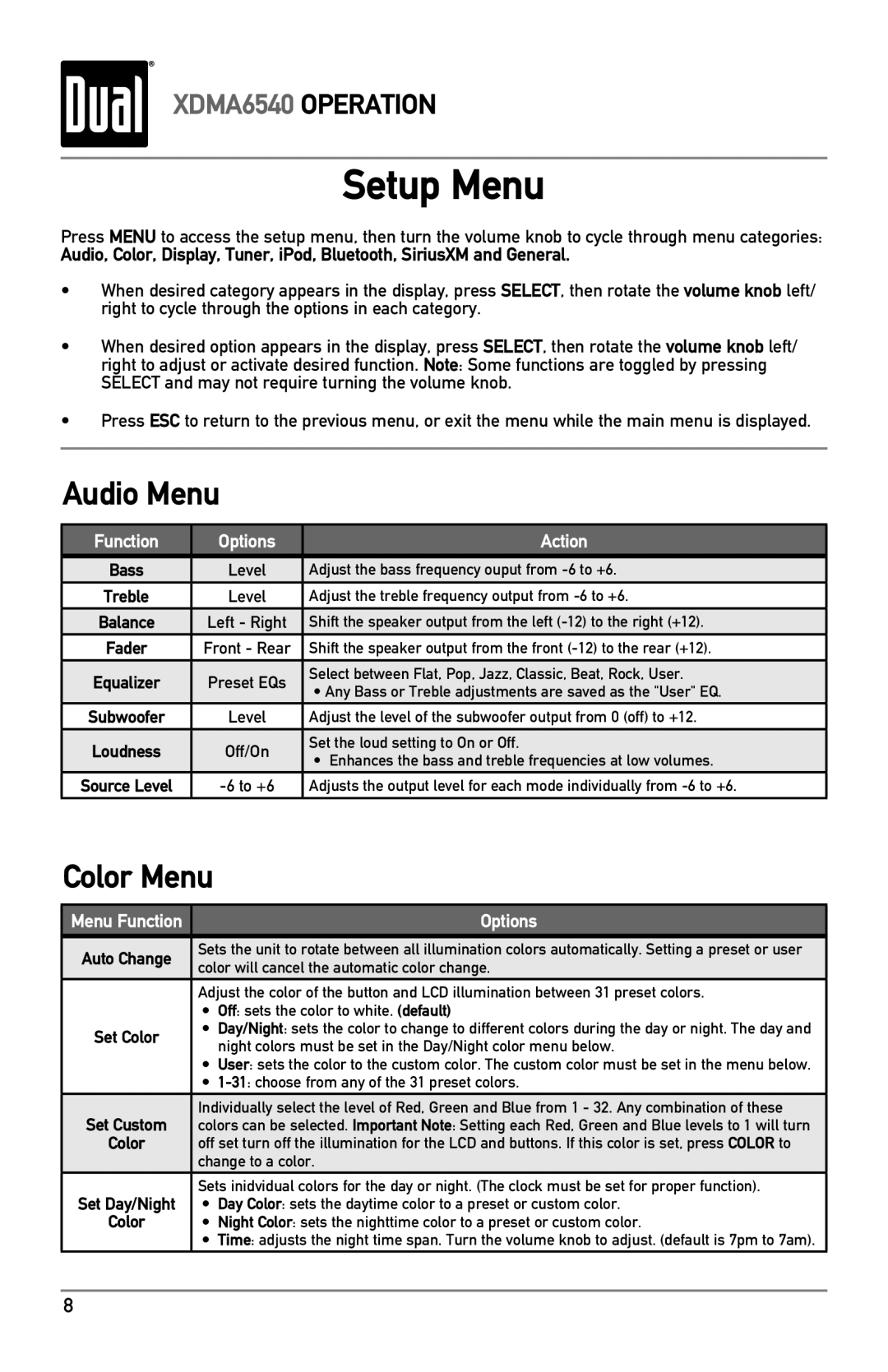 Dual XDMA6540 owner manual Setup Menu, Audio Menu, Color Menu 