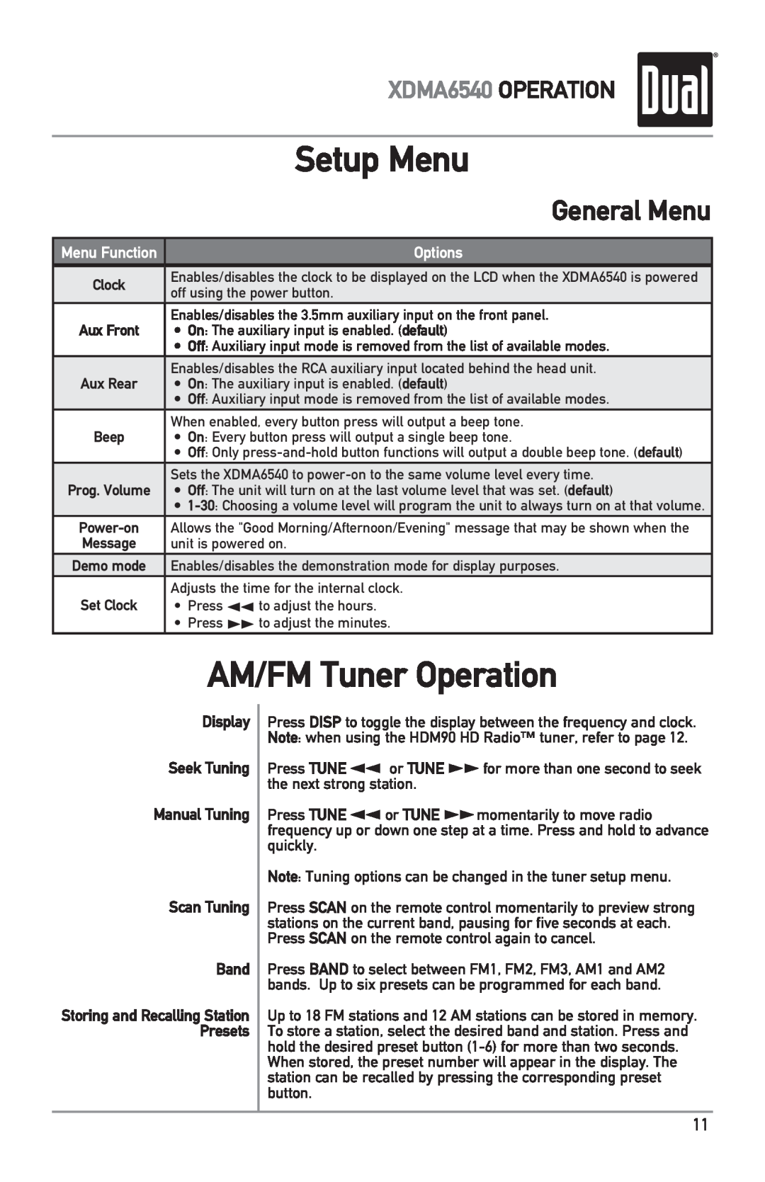Dual owner manual AM/FM Tuner Operation, General Menu, Setup Menu, XDMA6540 OPERATION, Options 