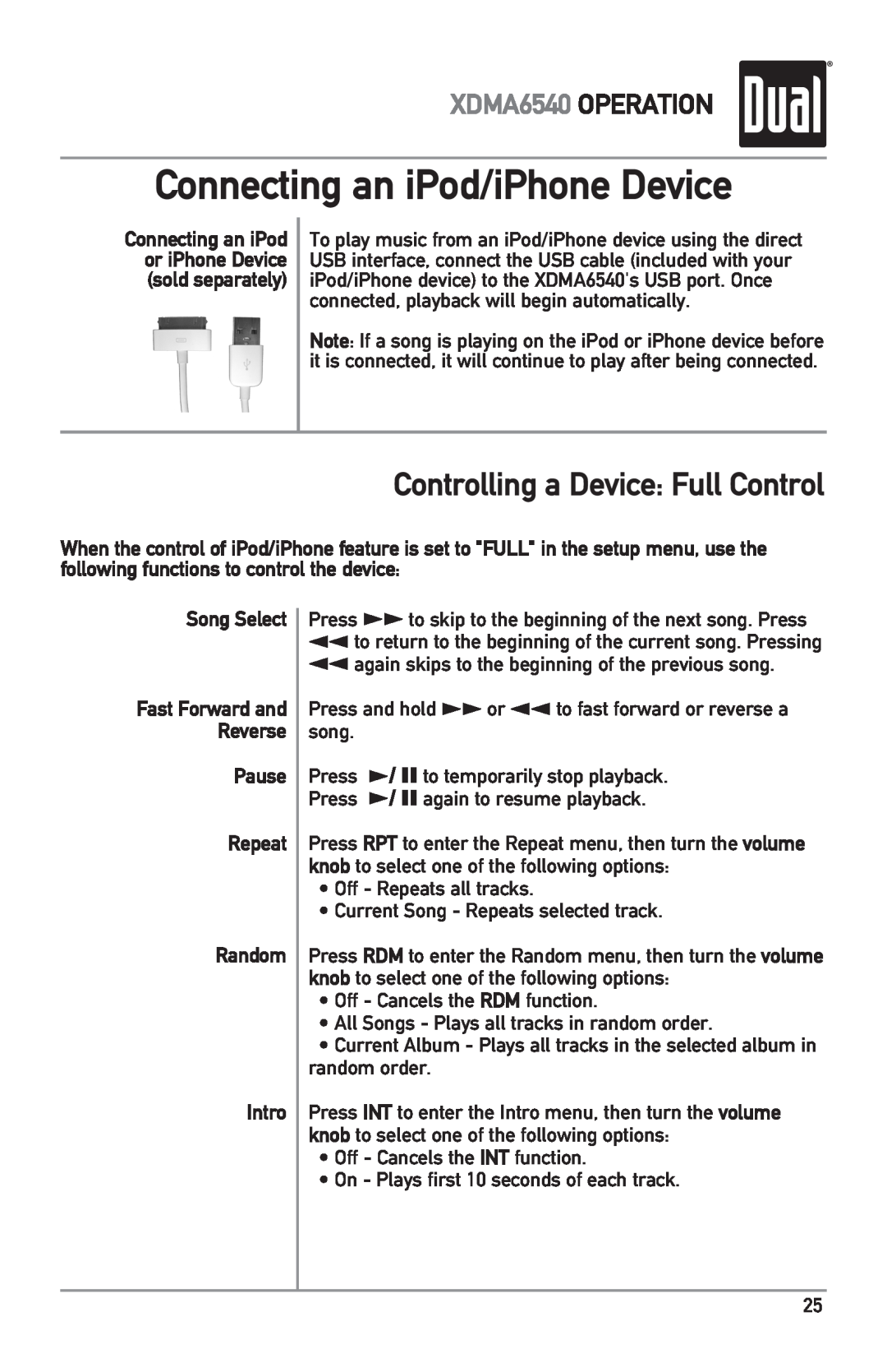 Dual owner manual Connecting an iPod/iPhone Device, Controlling a Device Full Control, XDMA6540 OPERATION, Song Select 