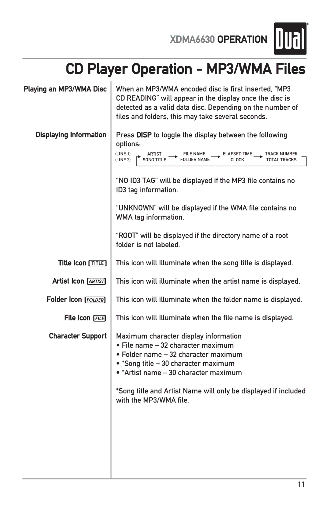 Dual XDMA6630 owner manual CD Player Operation MP3/WMA Files 