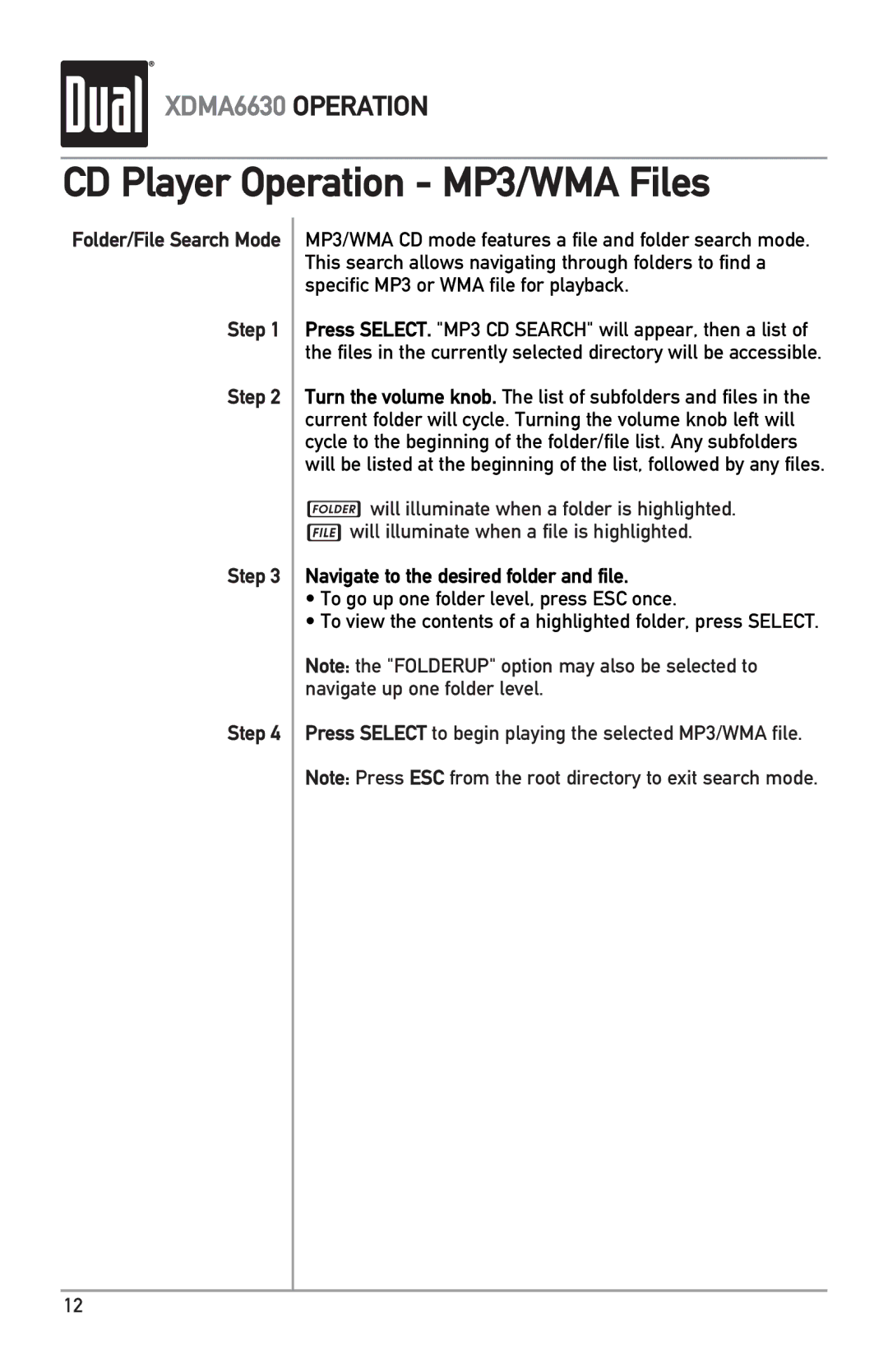 Dual XDMA6630 owner manual CD Player Operation MP3/WMA Files, Folder/File Search Mode Step 