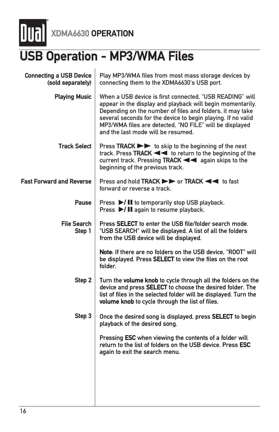 Dual XDMA6630 owner manual USB Operation MP3/WMA Files 