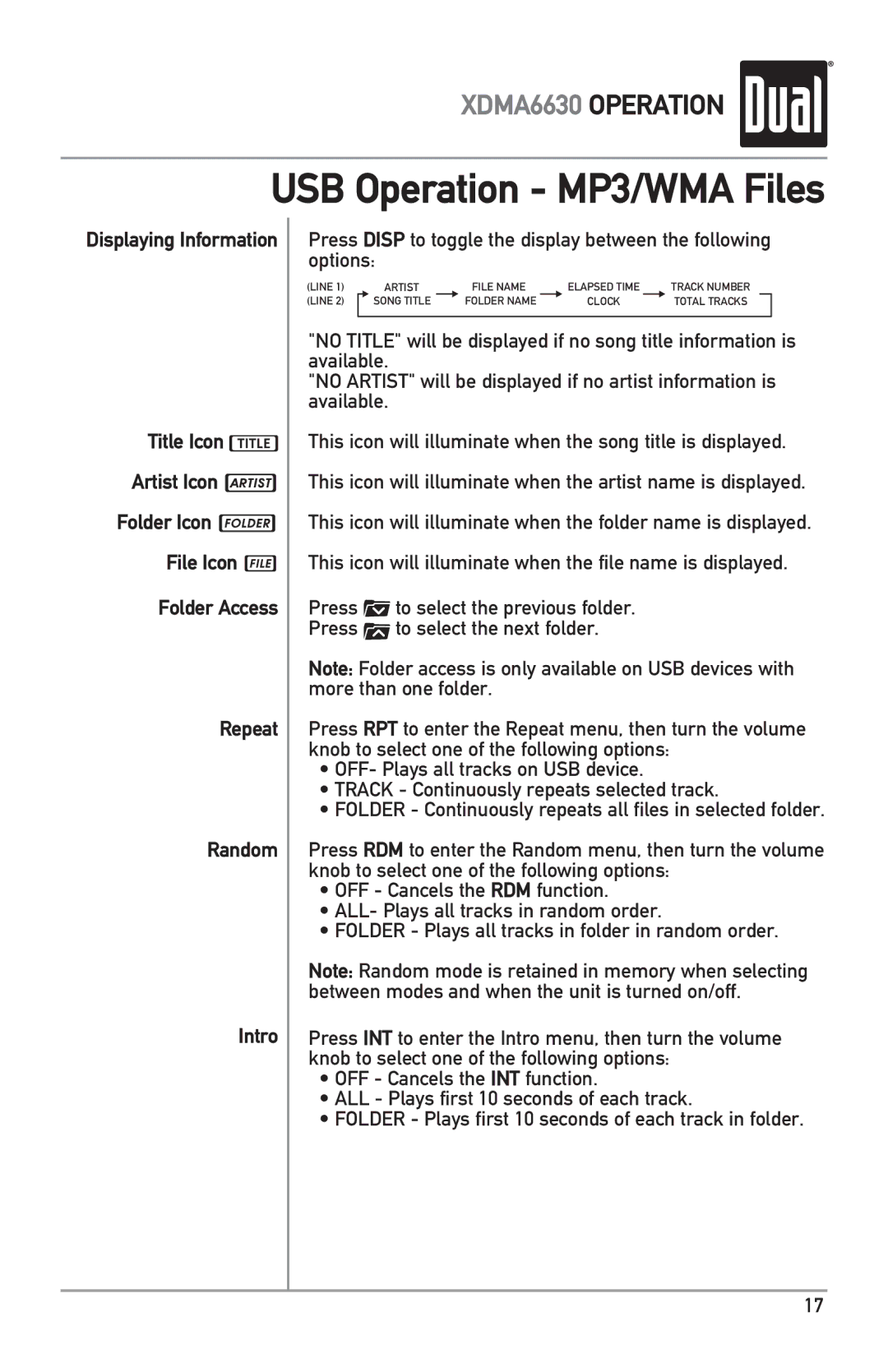 Dual XDMA6630 owner manual USB Operation MP3/WMA Files 