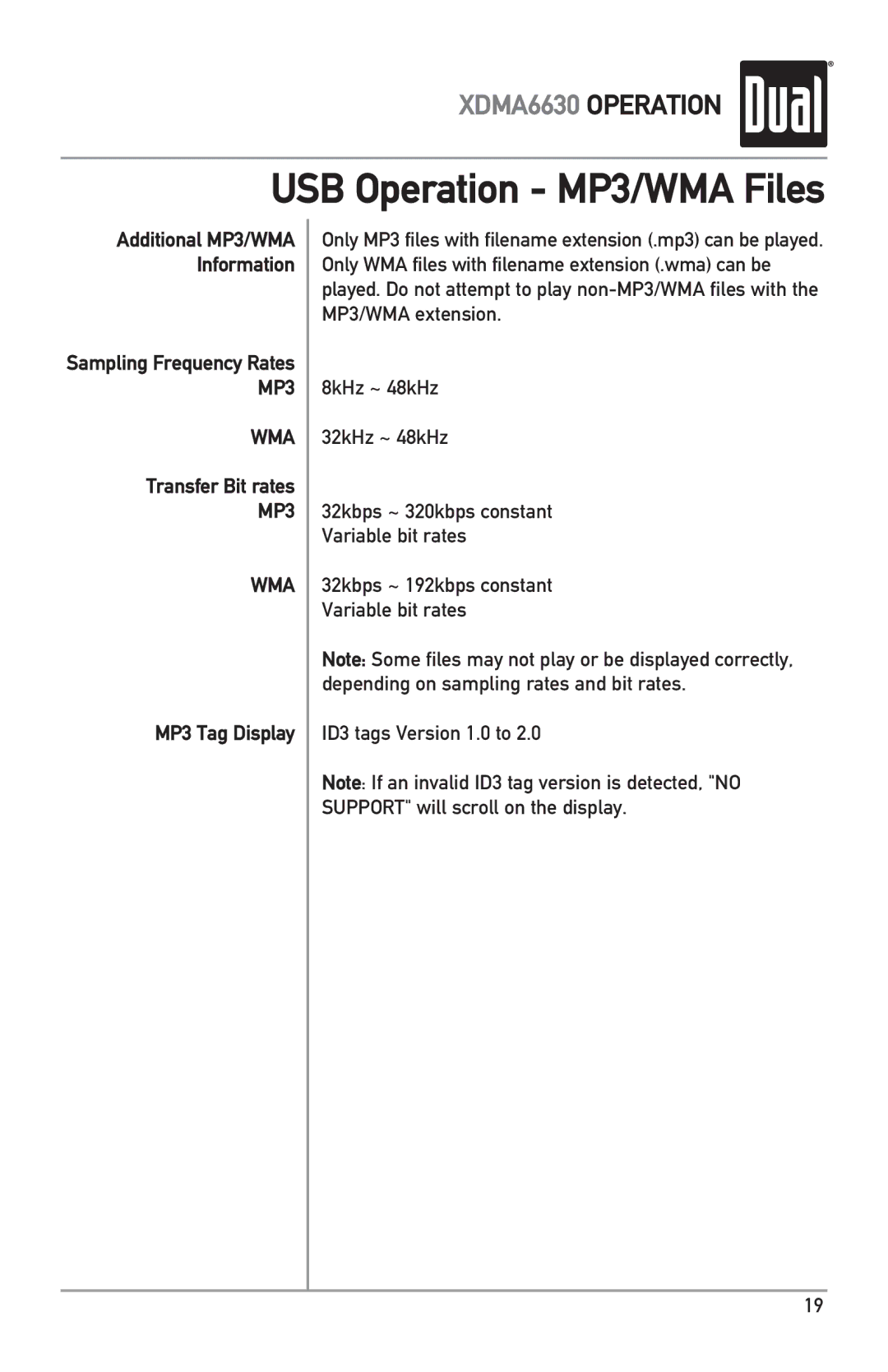 Dual XDMA6630 owner manual Transfer Bit rates, MP3 Tag Display 