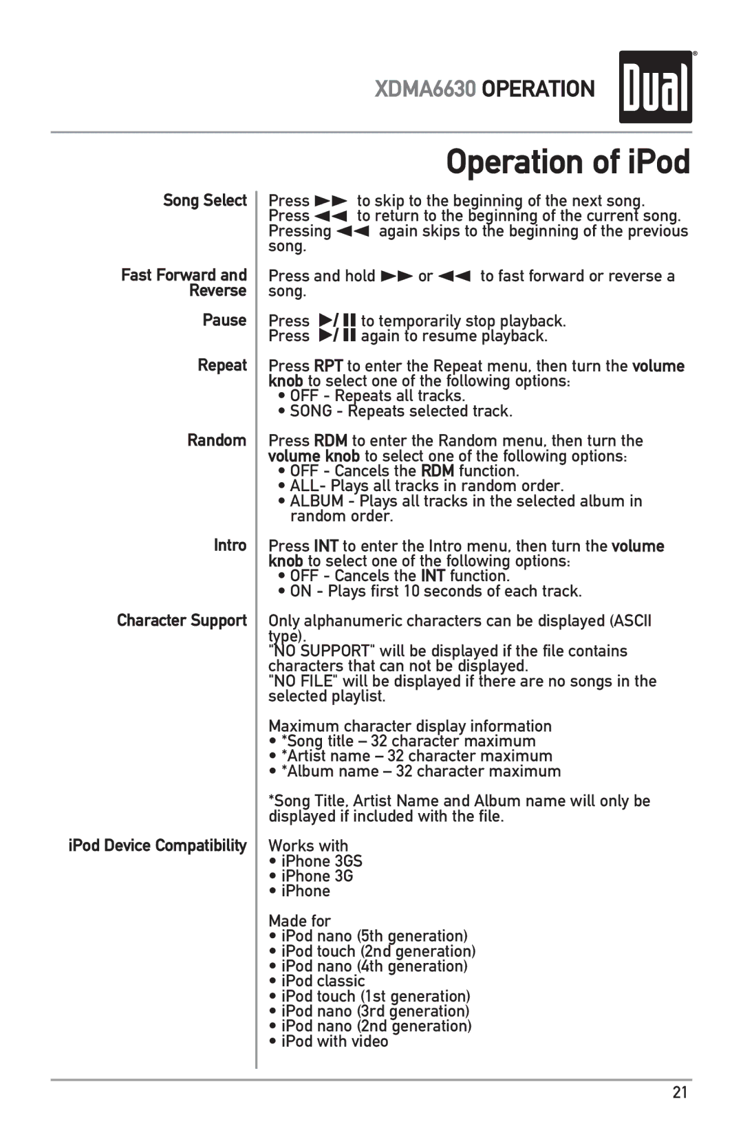 Dual XDMA6630 owner manual Press and hold llor nn to fast forward or reverse a song 