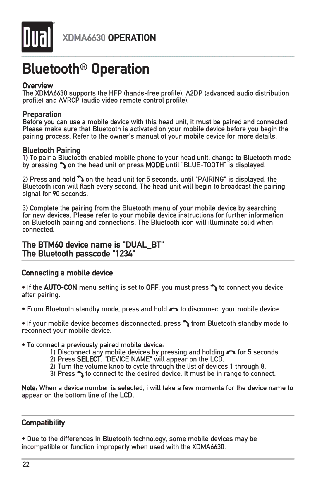 Dual XDMA6630 owner manual Bluetooth Operation, Overview 