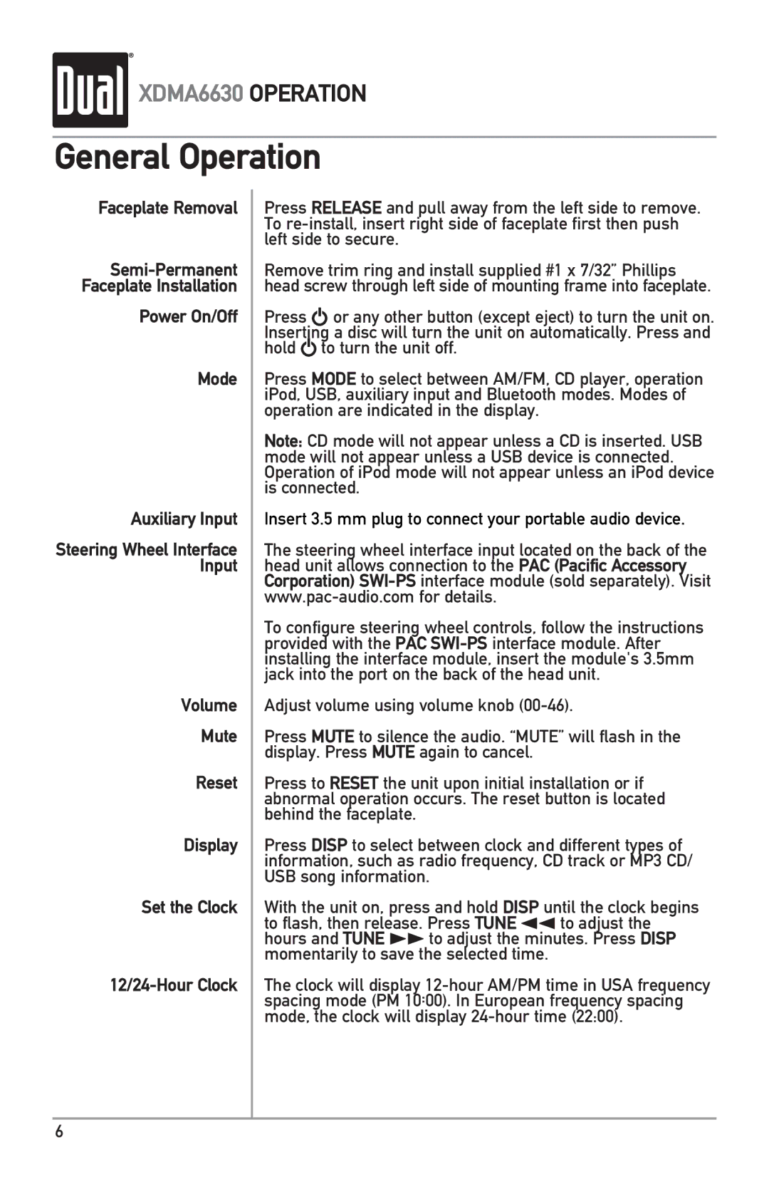 Dual XDMA6630 owner manual General Operation 