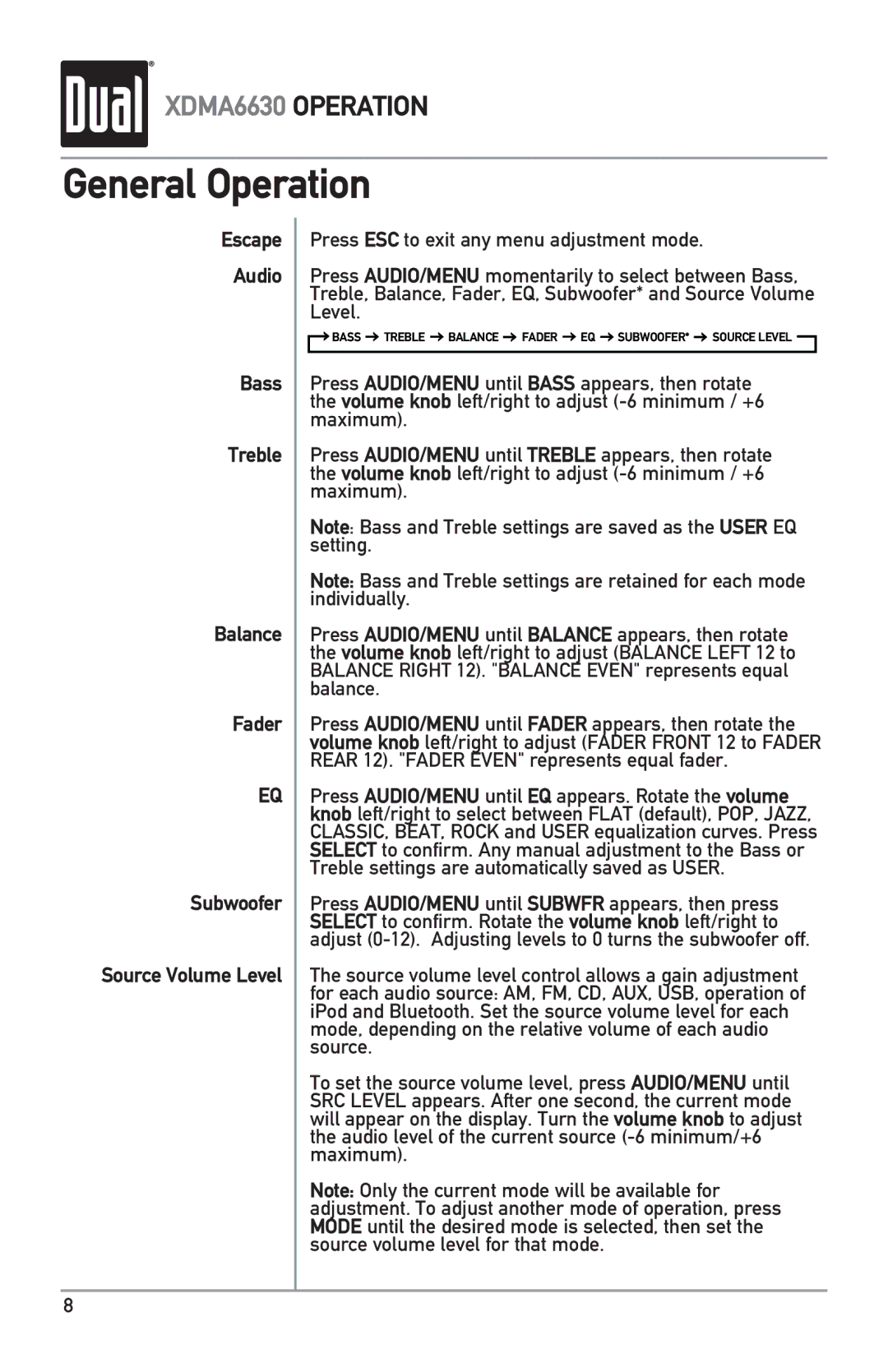 Dual XDMA6630 owner manual Bass Treble Balance Fader EQ SUBWOOFER* Source Level 