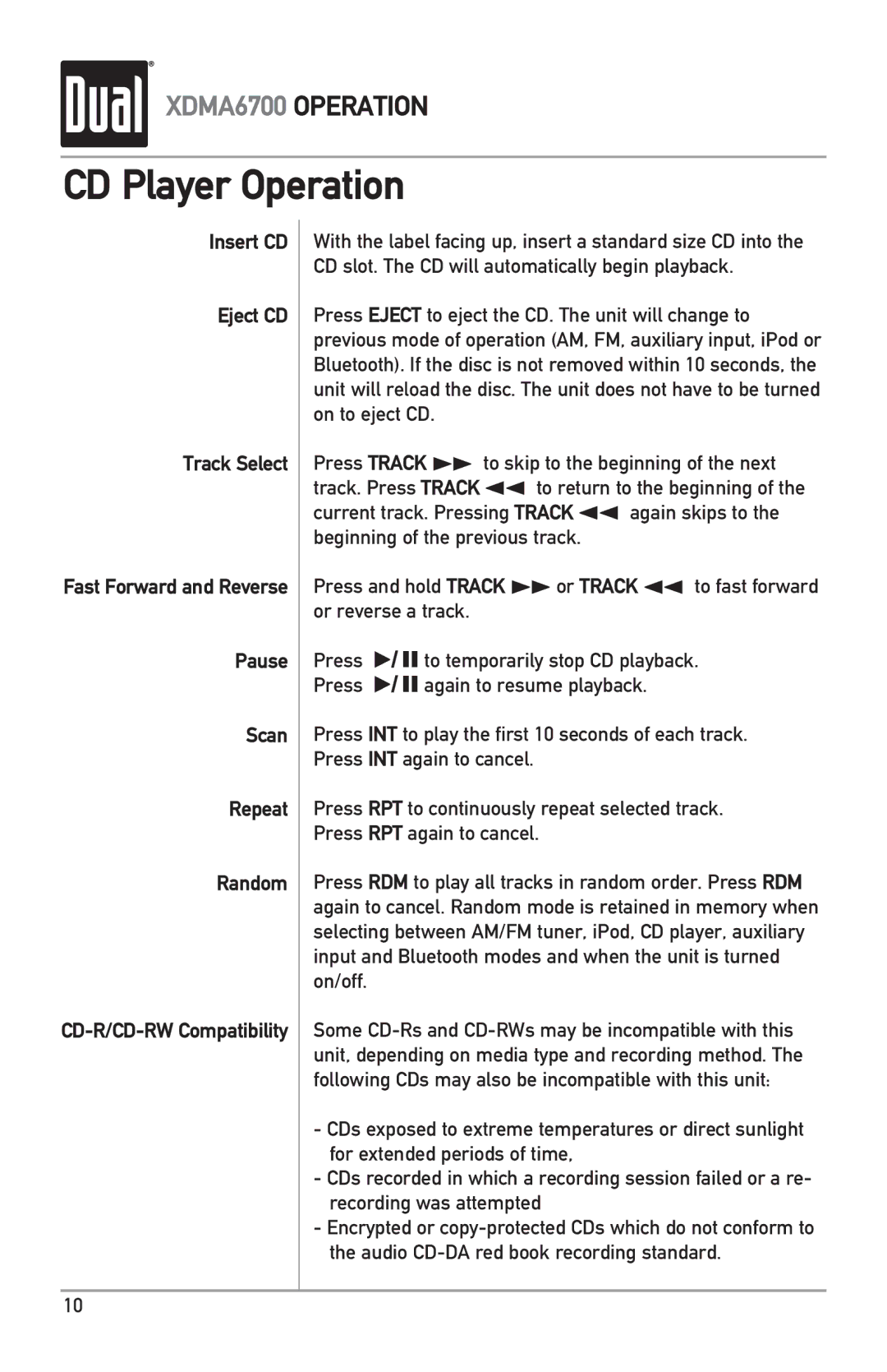 Dual XDMA6700 owner manual CD Player Operation 