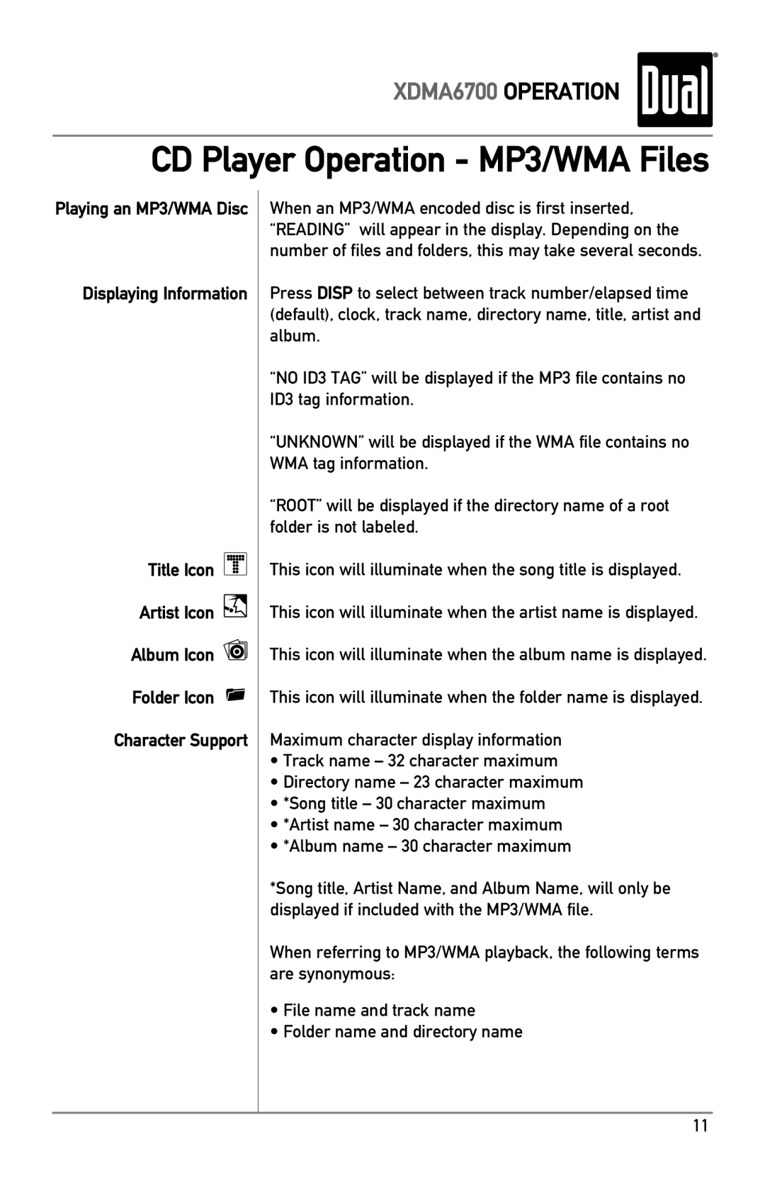 Dual XDMA6700 owner manual CD Player Operation MP3/WMA Files 