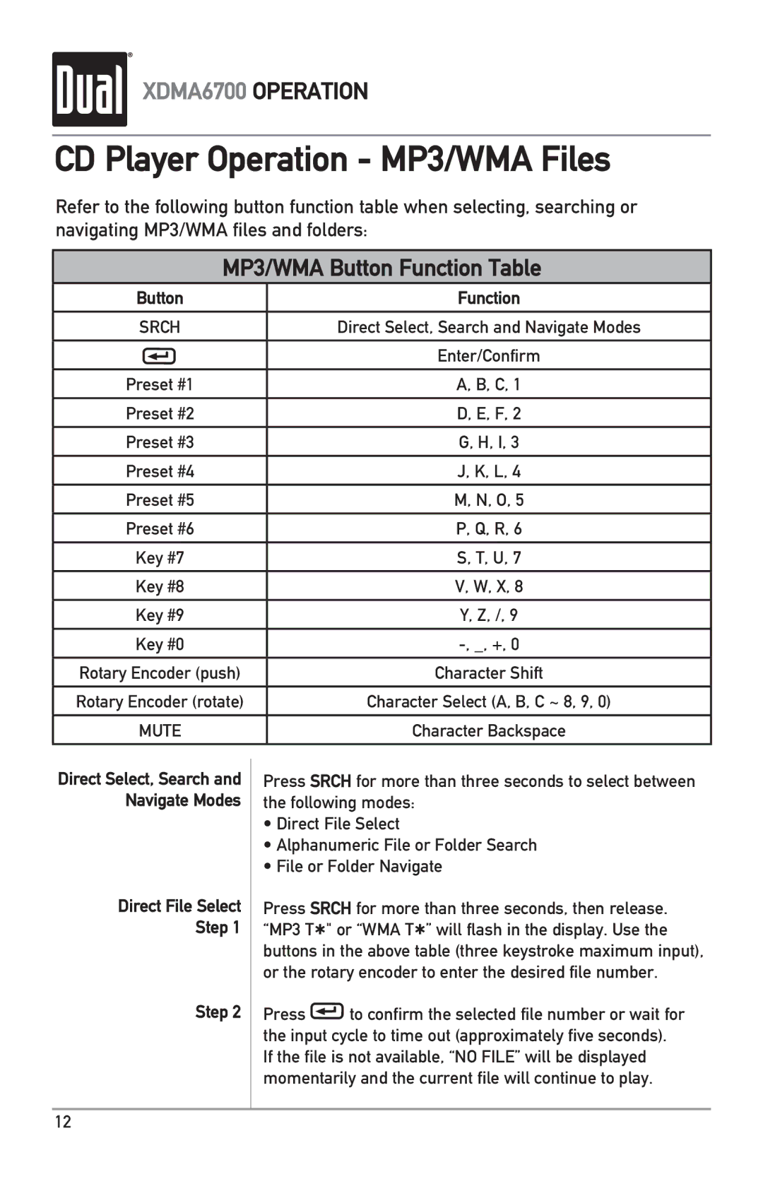 Dual XDMA6700 owner manual CD Player Operation MP3/WMA Files, Direct File Select Step 