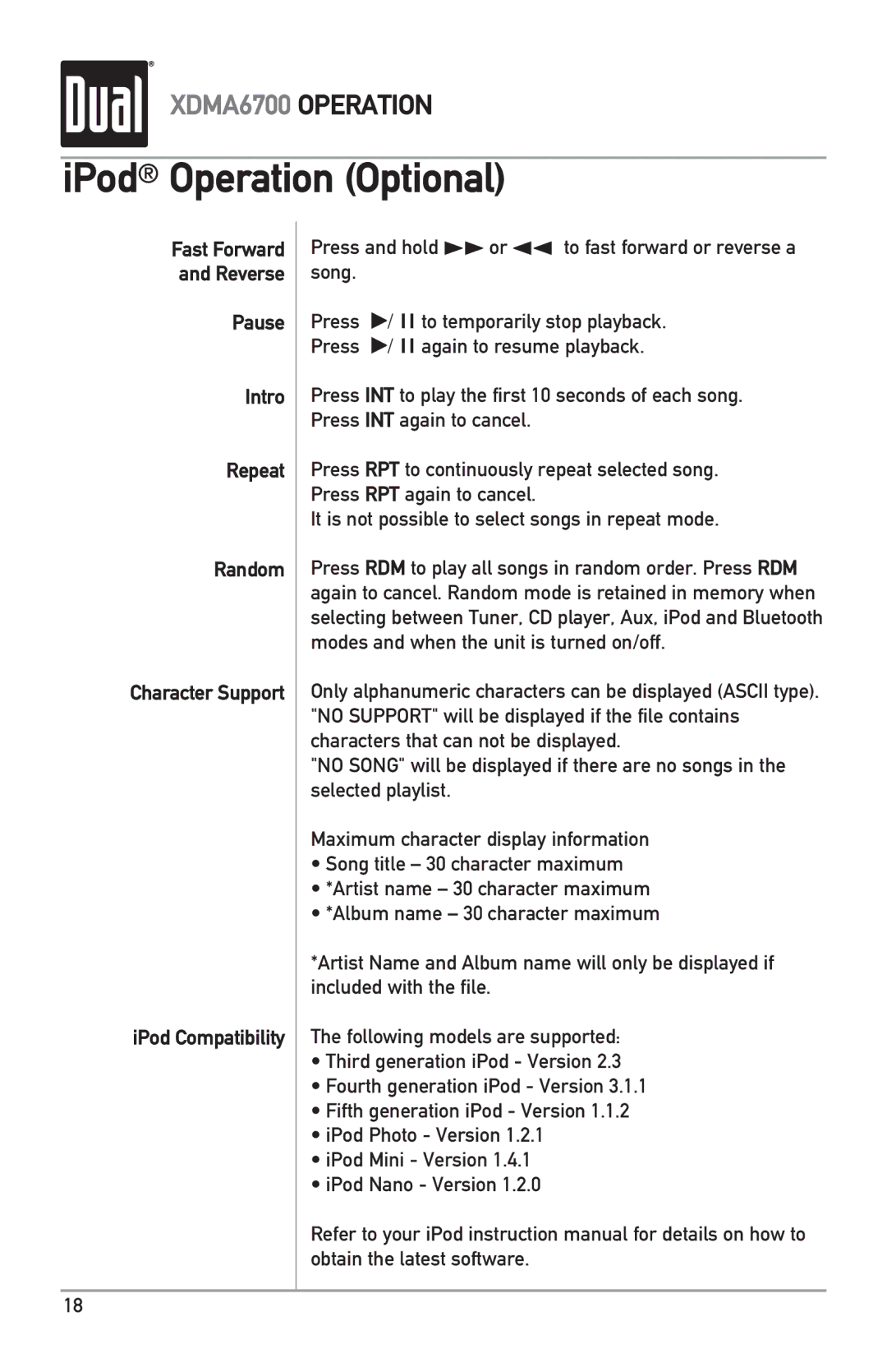 Dual XDMA6700 owner manual IPod Operation Optional 