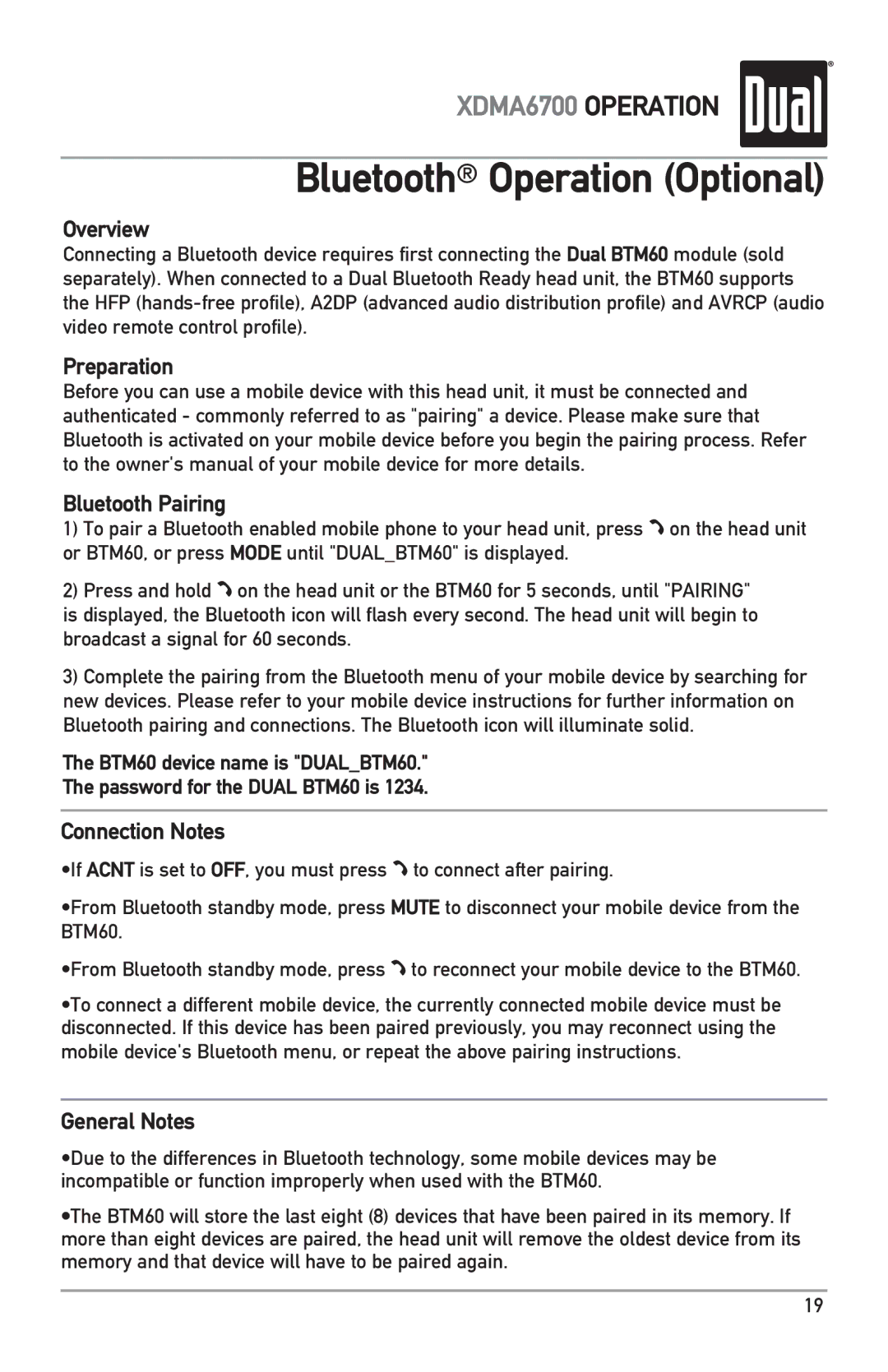 Dual XDMA6700 owner manual Bluetooth Operation Optional, Overview 