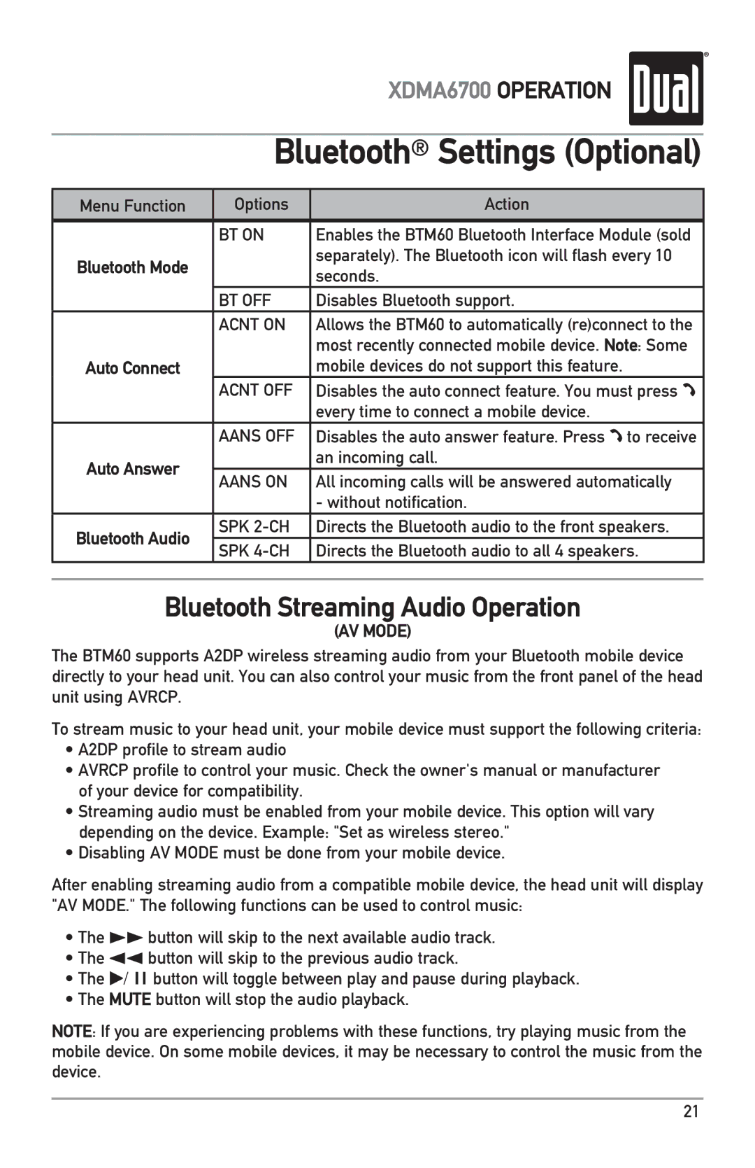 Dual XDMA6700 Options Action, Separately. The Bluetooth icon will flash every, Seconds, Disables Bluetooth support 