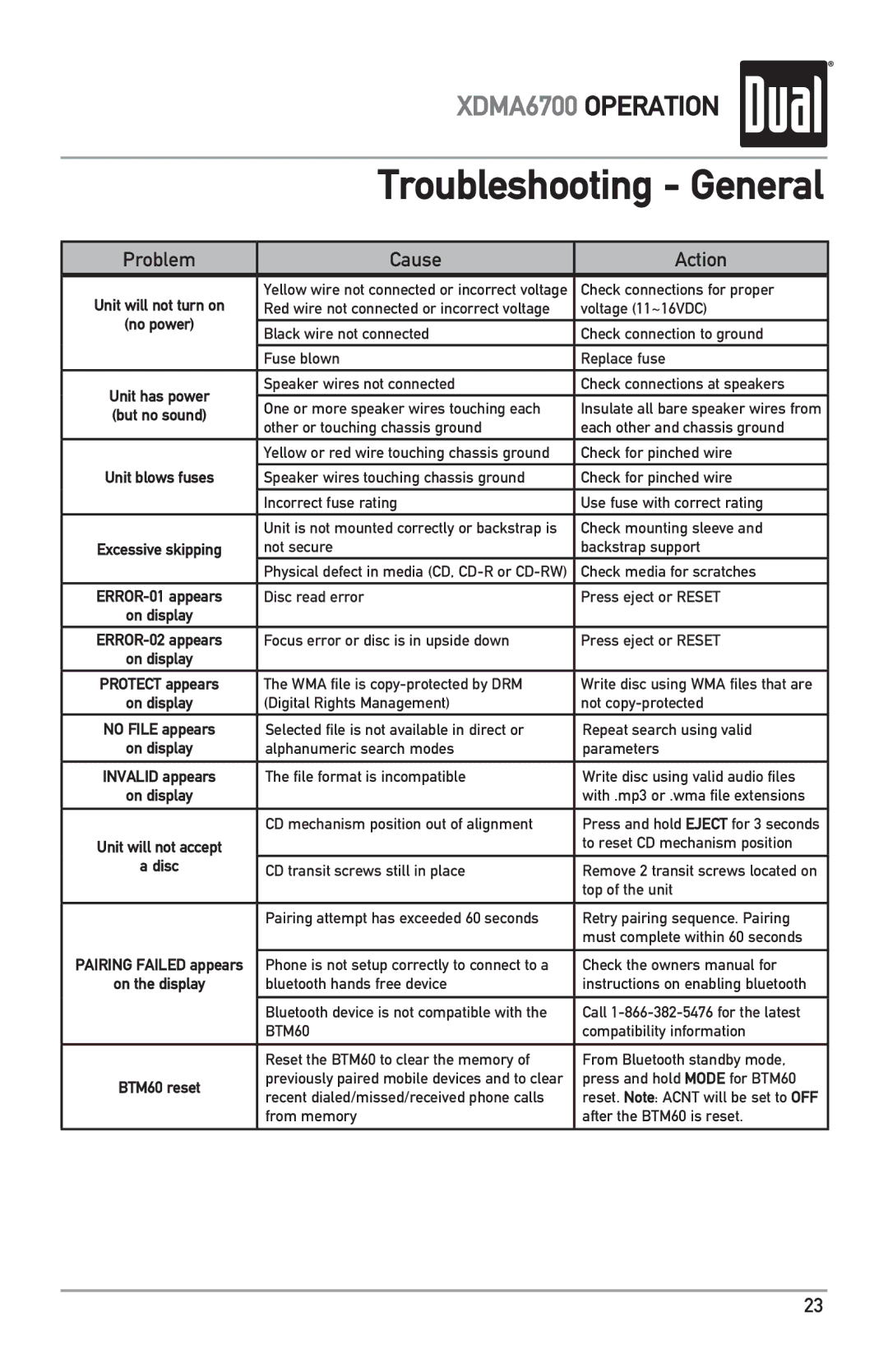 Dual XDMA6700 owner manual Troubleshooting General, Cause Action 