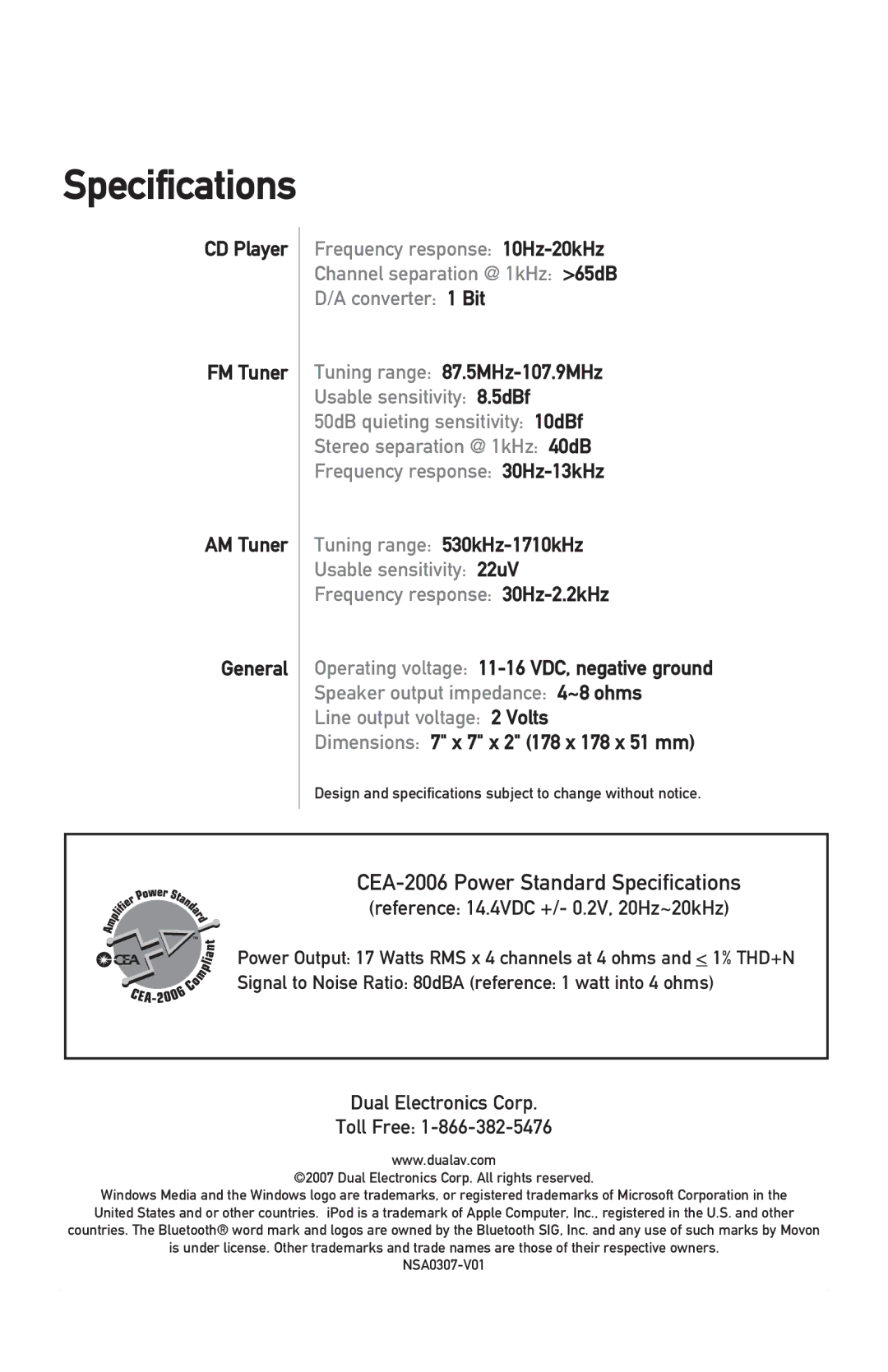 Dual XDMA6700 owner manual Specifications, CD Player FM Tuner AM Tuner General, Tuning range 87.5MHz-107.9MHz 