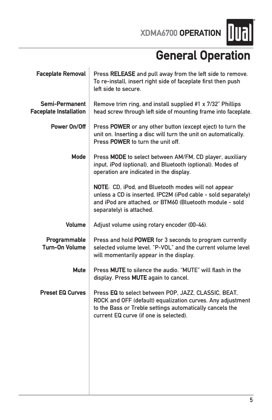 Dual XDMA6700 owner manual General Operation, Faceplate Removal, Power On/Off Mode Volume, Mute Preset EQ Curves 