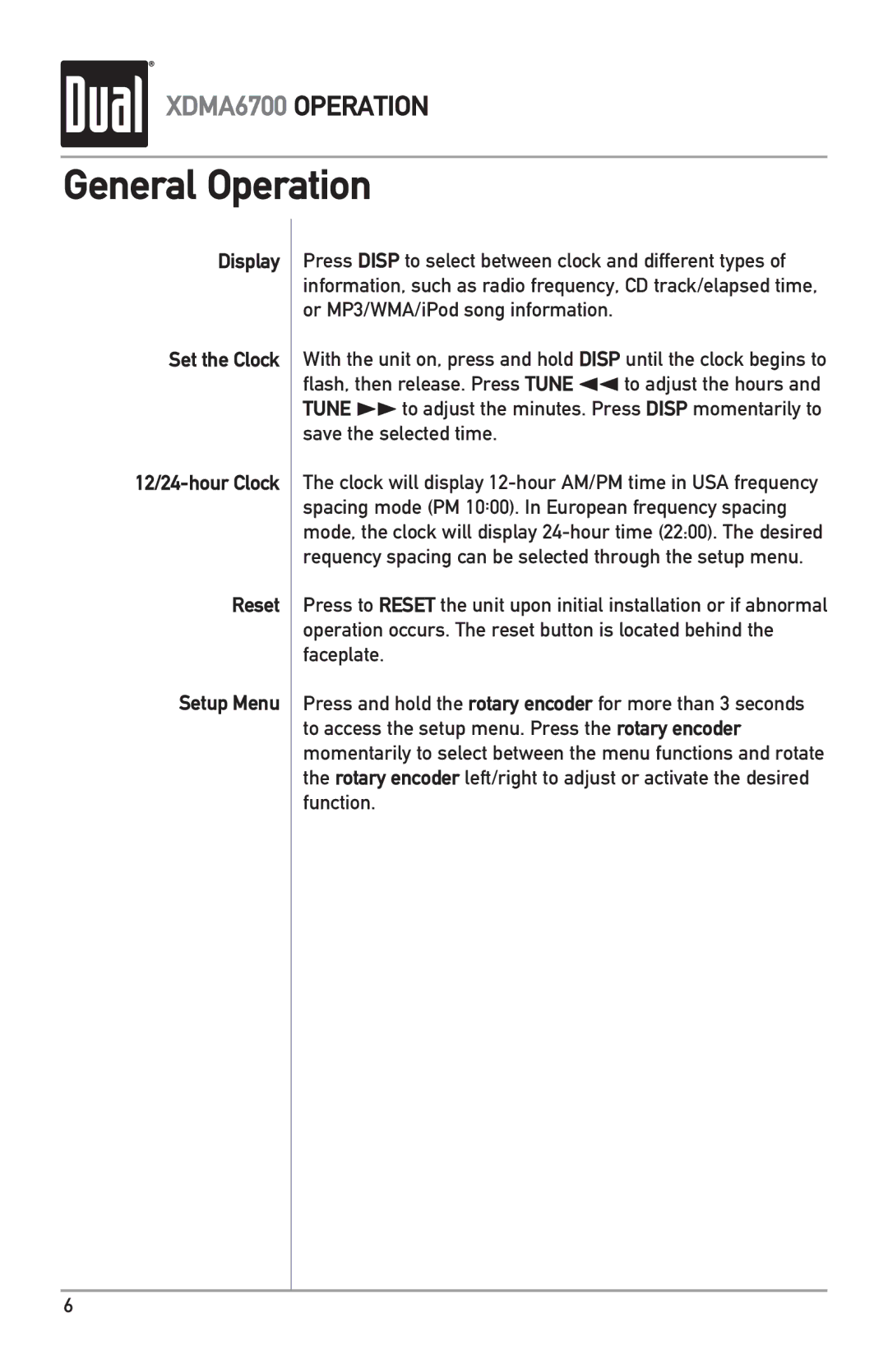 Dual XDMA6700 owner manual Display Set the Clock 12/24-hour Clock Reset Setup Menu 