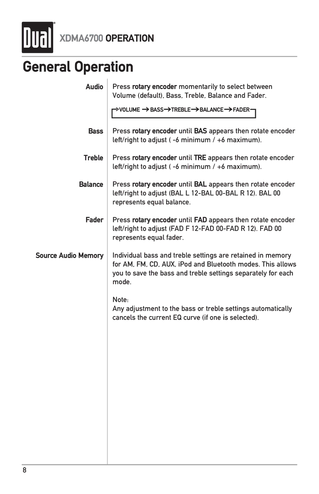 Dual XDMA6700 owner manual Audio Bass Treble Balance Fader Source Audio Memory 