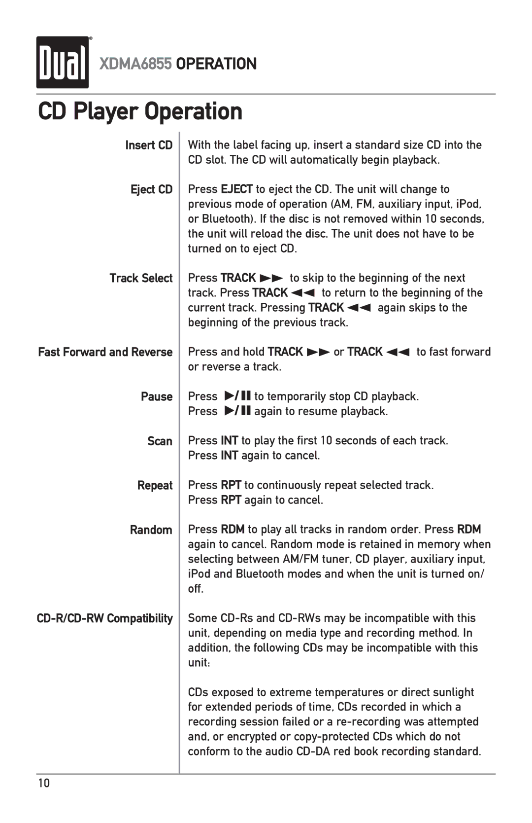 Dual XDMA6855 owner manual CD Player Operation 