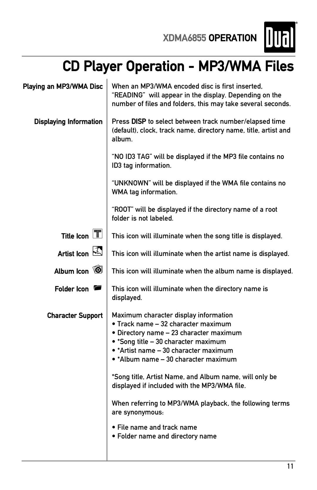 Dual XDMA6855 owner manual CD Player Operation MP3/WMA Files 