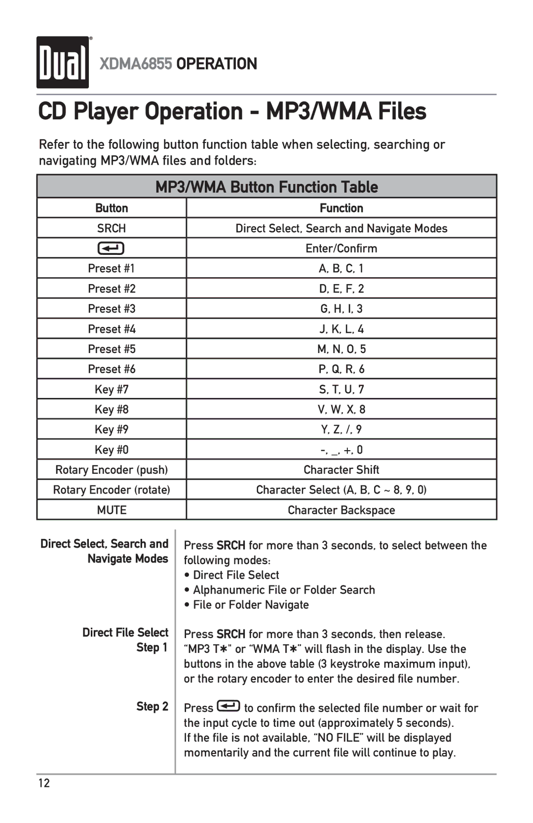 Dual XDMA6855 owner manual CD Player Operation MP3/WMA Files, Direct File Select Step 