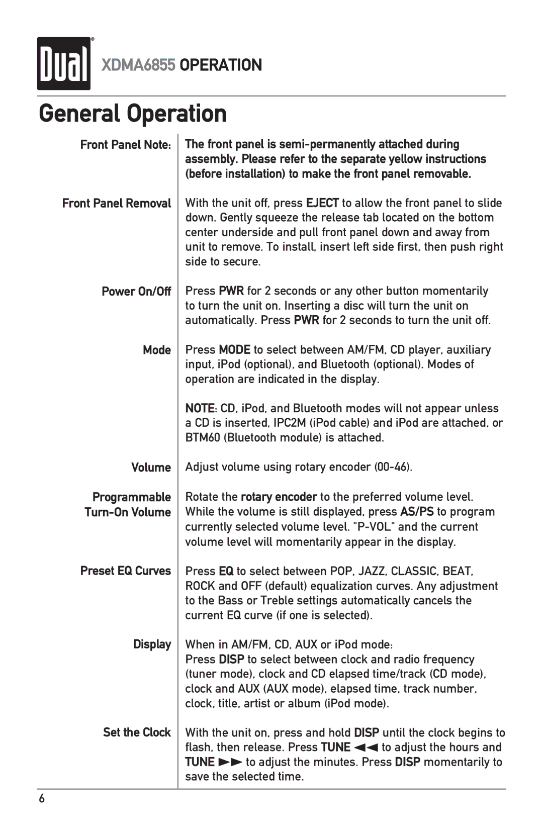 Dual XDMA6855 owner manual General Operation, Preset EQ Curves Display Set the Clock 