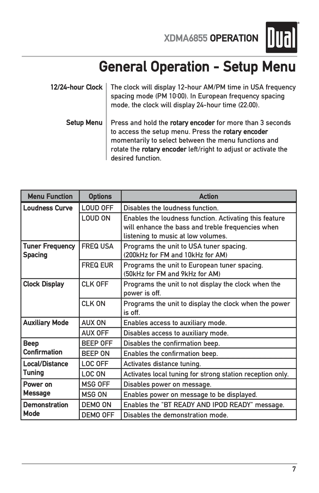 Dual XDMA6855 12/24-hour Clock Setup Menu, Menu Function Options Action, Spacing, Clock Display, Auxiliary Mode, Beep 