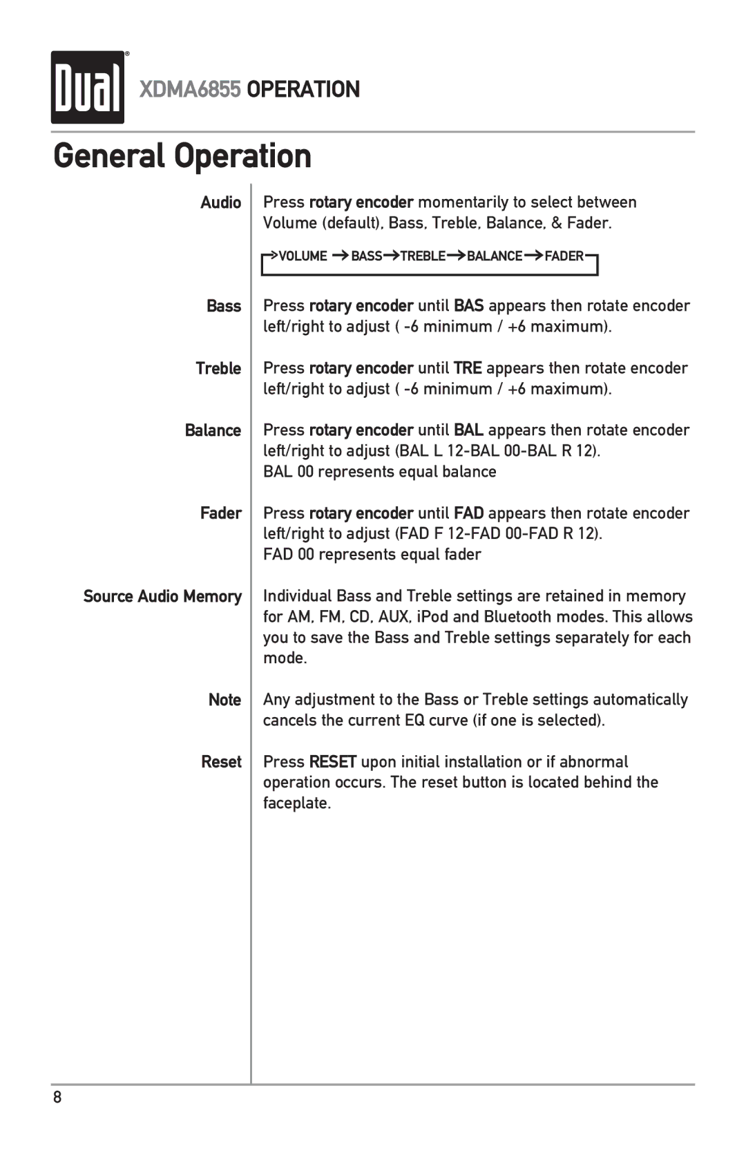 Dual XDMA6855 owner manual Audio Bass Treble Balance Fader Source Audio Memory Reset 