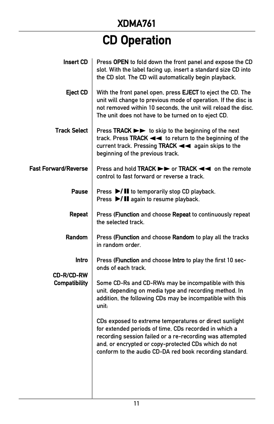 Dual XDMA761 owner manual CD Operation, Compatibility 