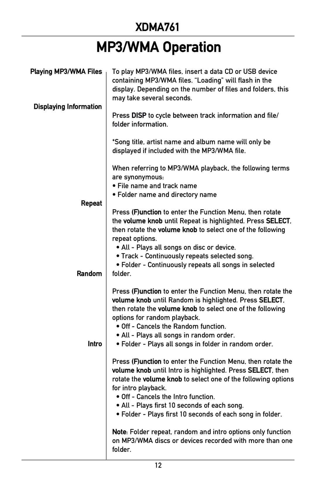 Dual XDMA761 owner manual MP3/WMA Operation 