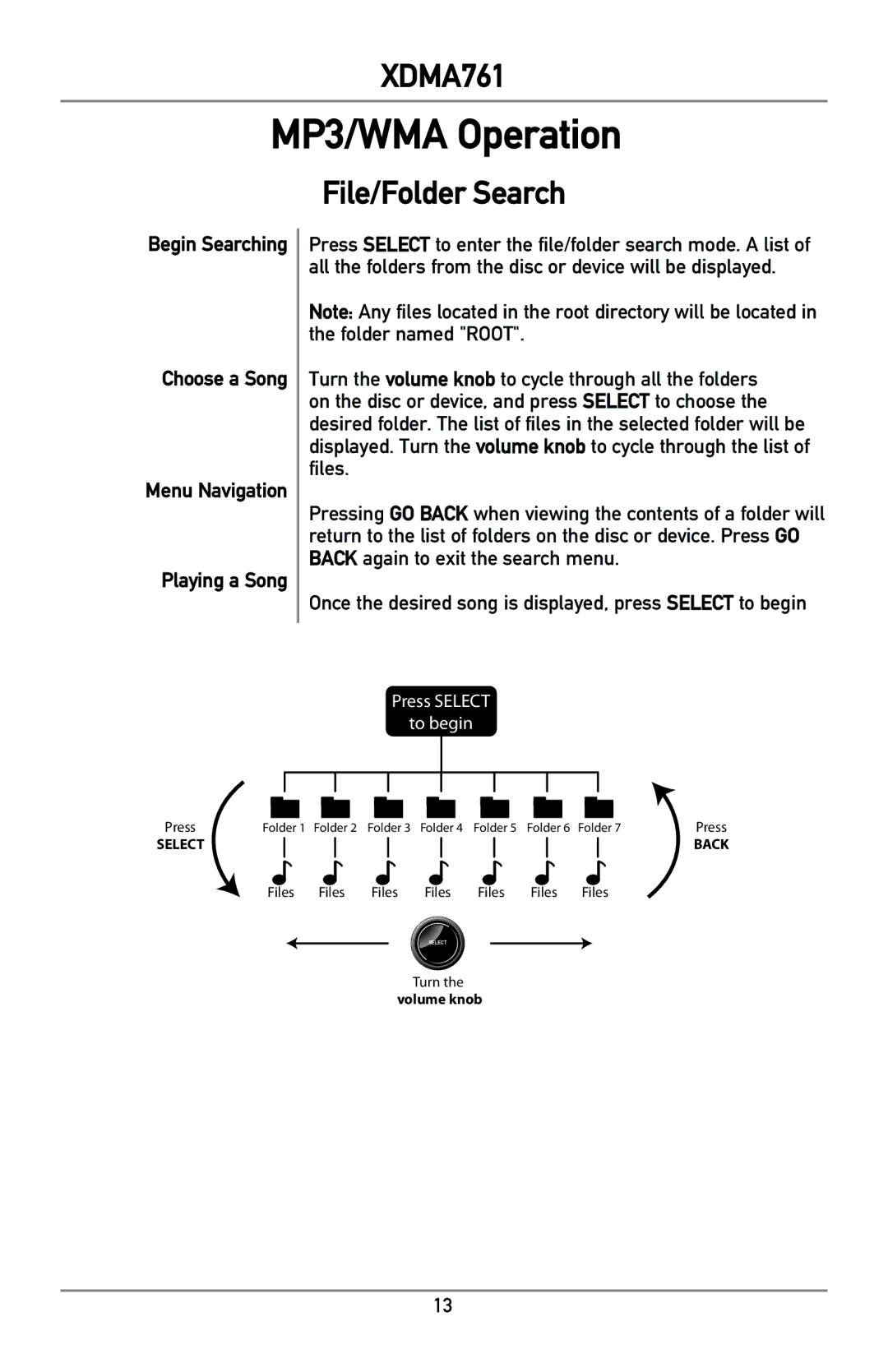 Dual XDMA761 owner manual File/Folder Search, Begin Searching Choose a Song Menu Navigation Playing a Song 