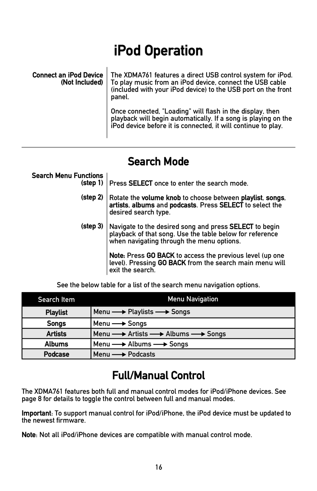 Dual XDMA761 owner manual IPod Operation, Search Mode, Full/Manual Control, Step 