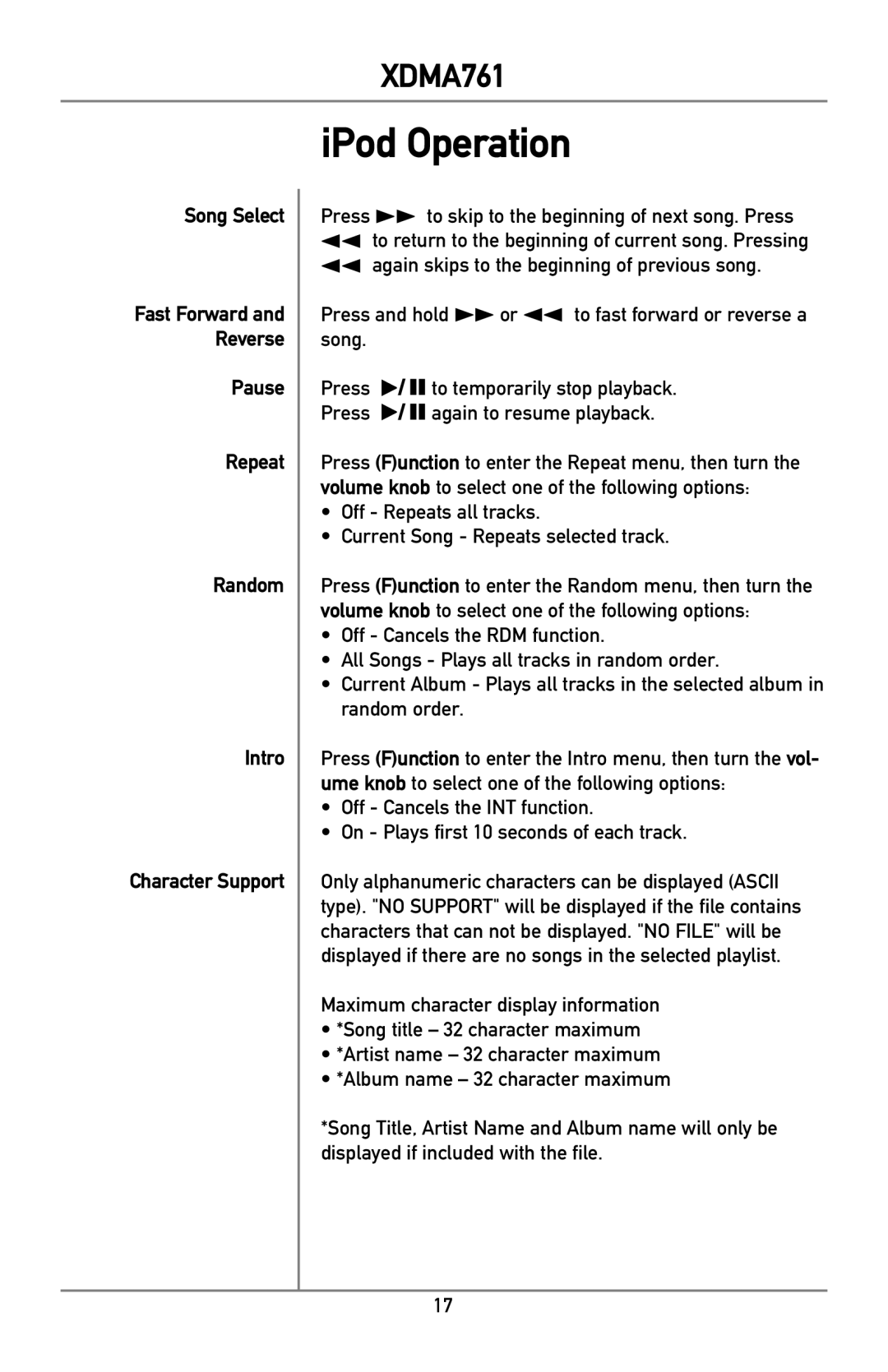 Dual XDMA761 owner manual Song Select, Pause Repeat Random Intro Character Support 