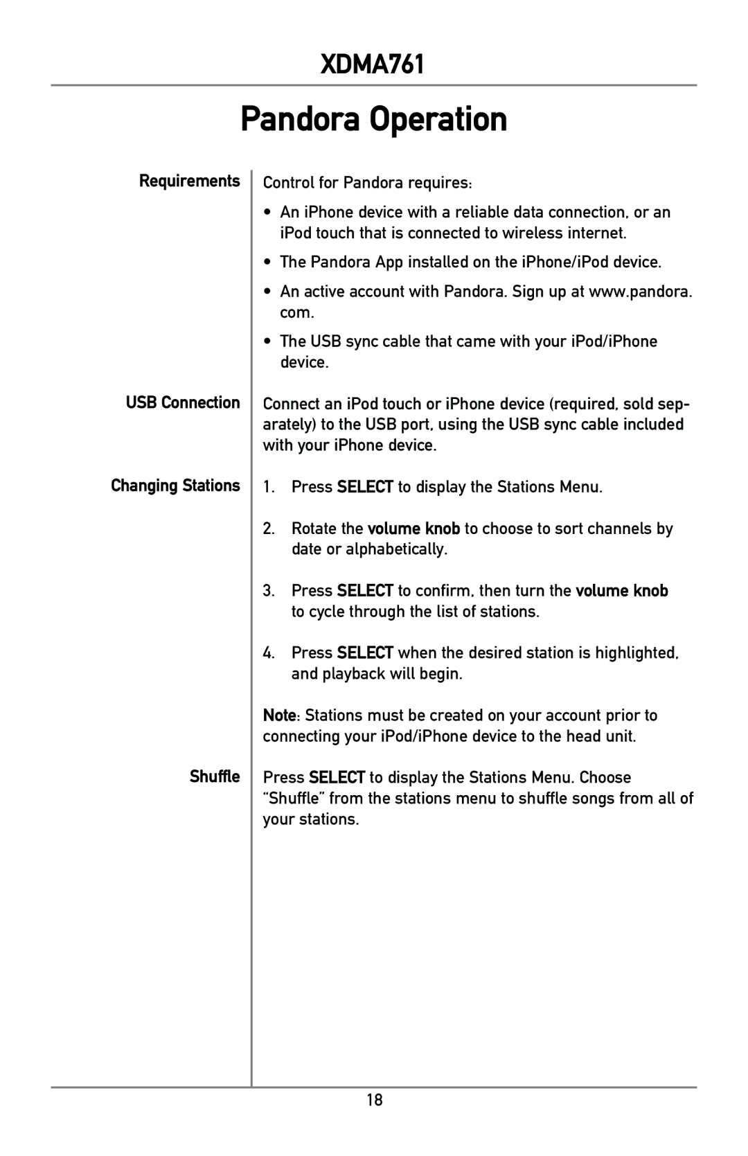 Dual XDMA761 owner manual Pandora Operation, Requirements USB Connection Changing Stations Shuffle 