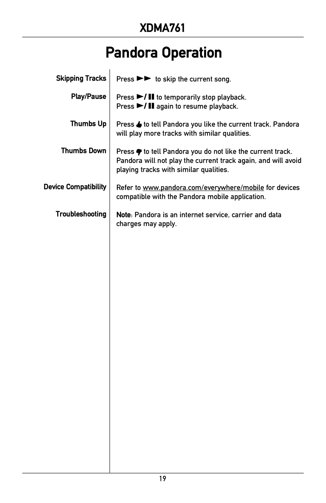 Dual XDMA761 owner manual Pandora Operation 