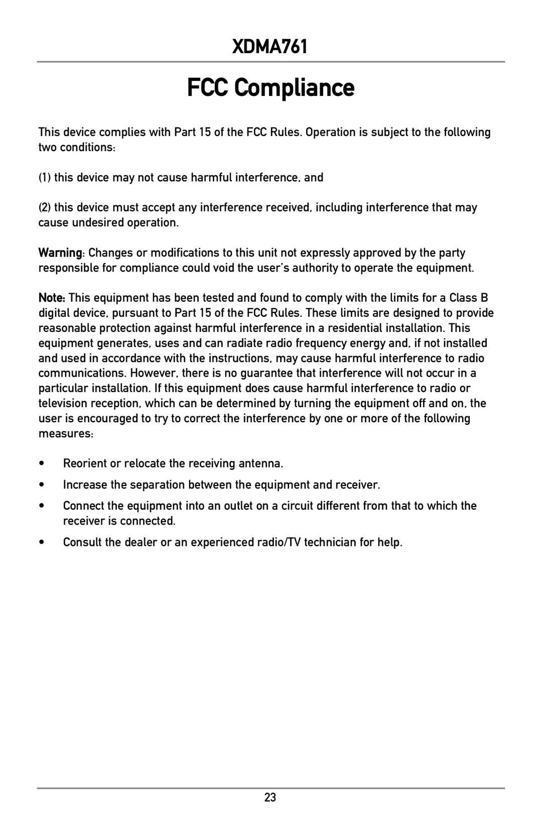 Dual XDMA761 owner manual FCC Compliance 