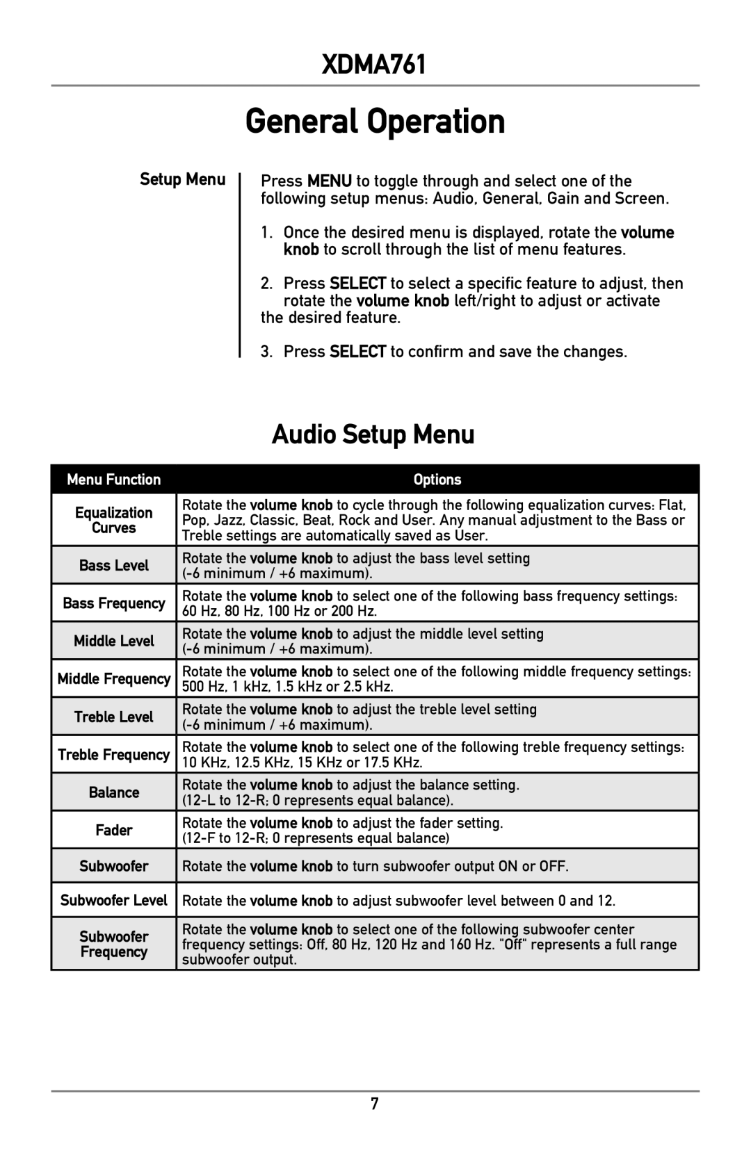 Dual XDMA761 owner manual Audio Setup Menu 