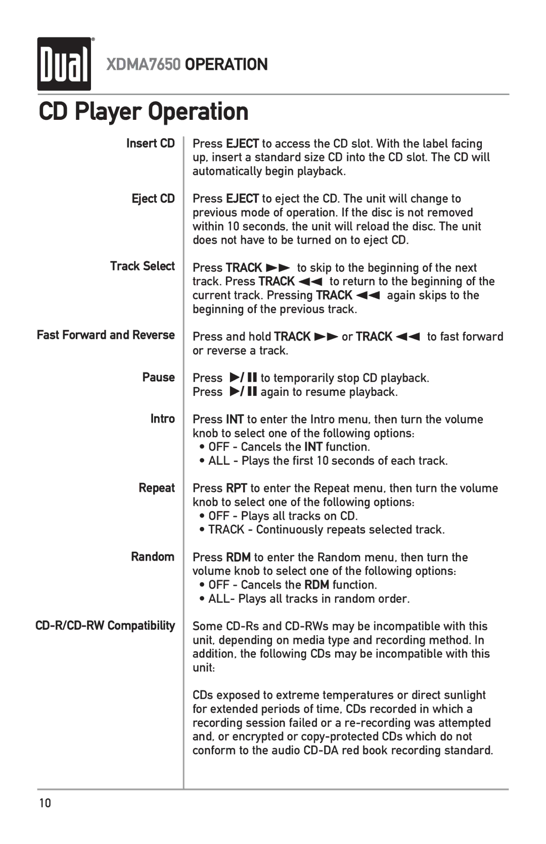 Dual XDMA7650 owner manual CD Player Operation 