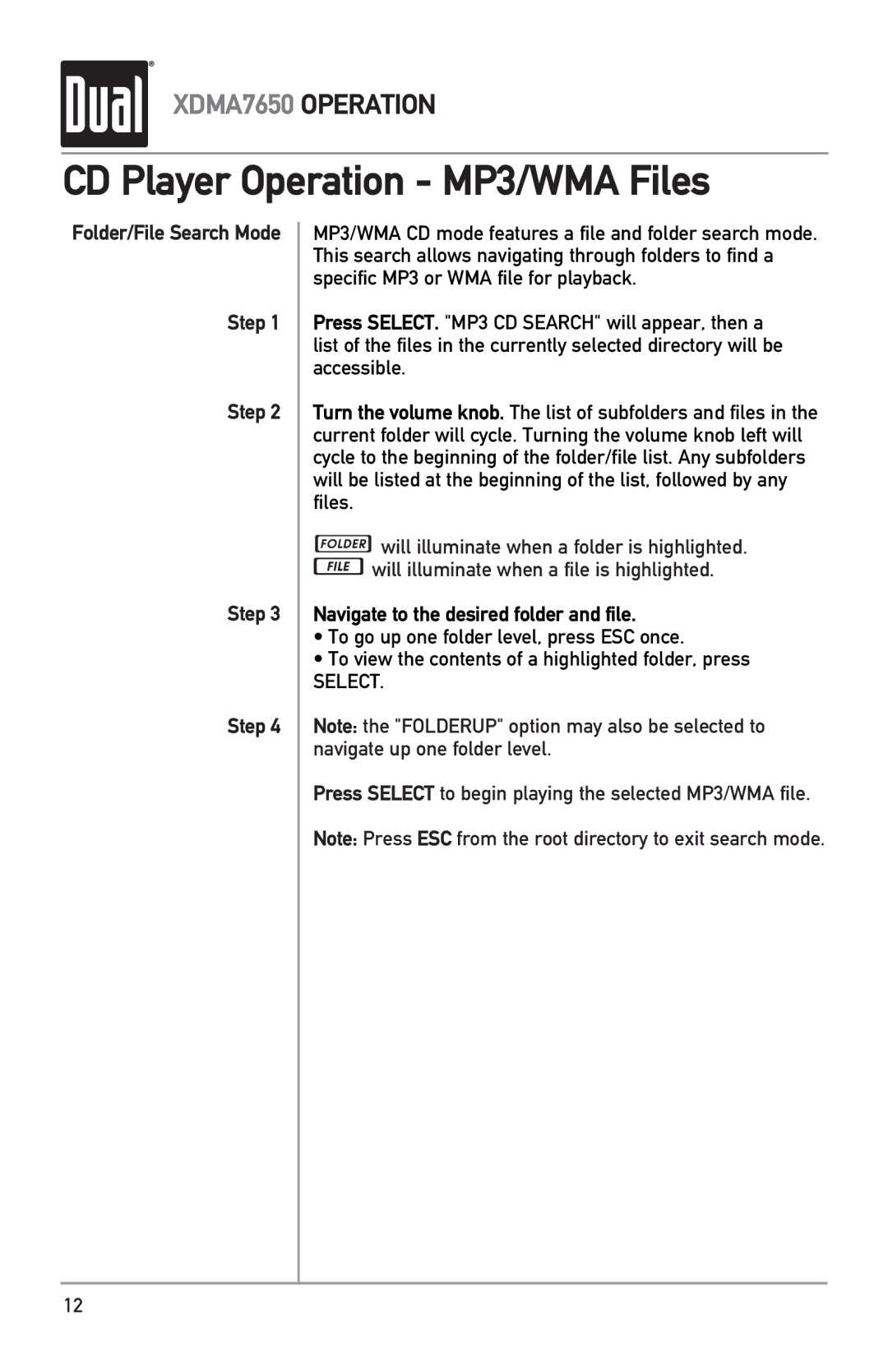 Dual XDMA7650 owner manual CD Player Operation MP3/WMA Files, Folder/File Search Mode Step 