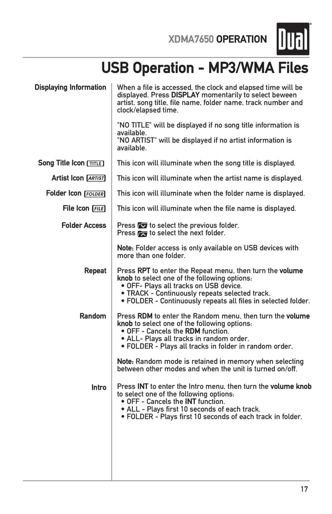 Dual XDMA7650 owner manual USB Operation MP3/WMA Files 