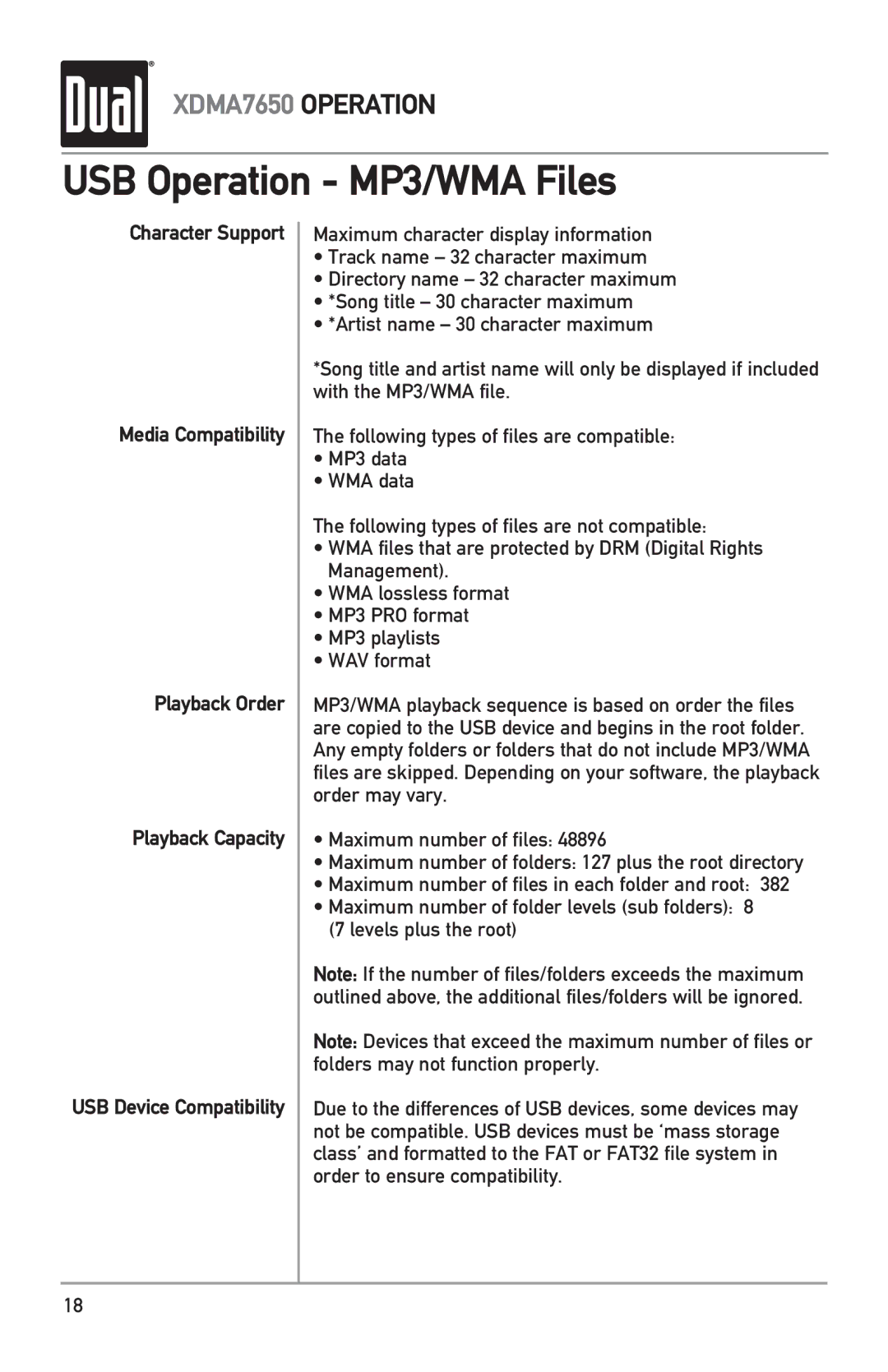 Dual XDMA7650 owner manual USB Operation MP3/WMA Files 