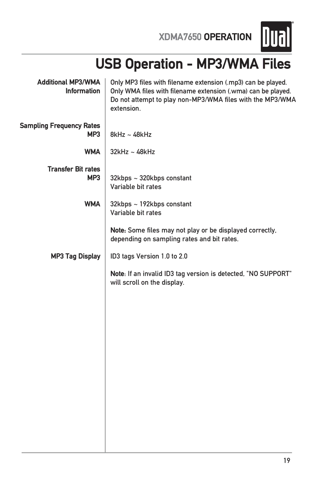 Dual XDMA7650 owner manual Transfer Bit rates, MP3 Tag Display 