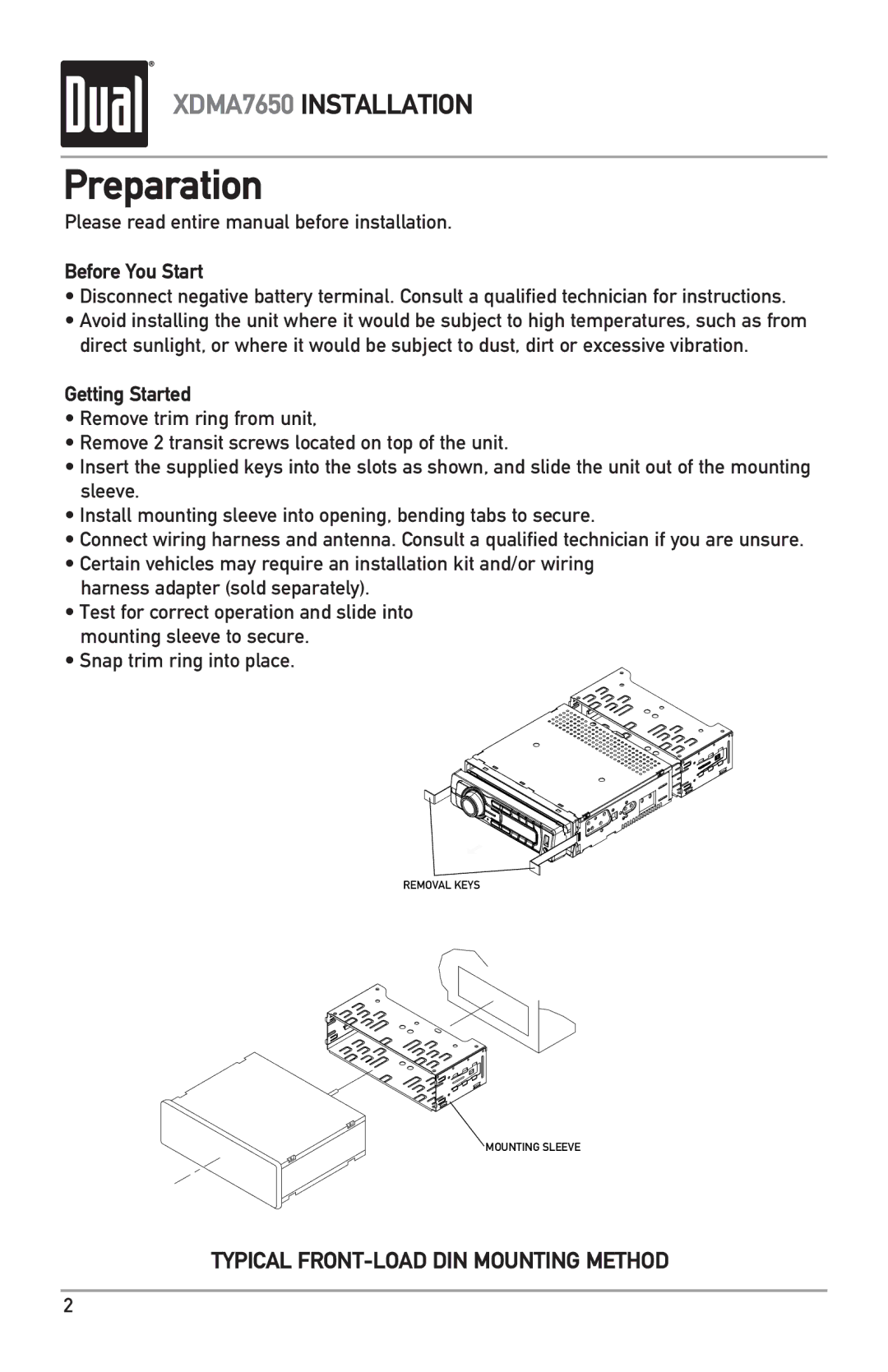 Dual XDMA7650 owner manual Preparation, Before You Start, Getting Started 