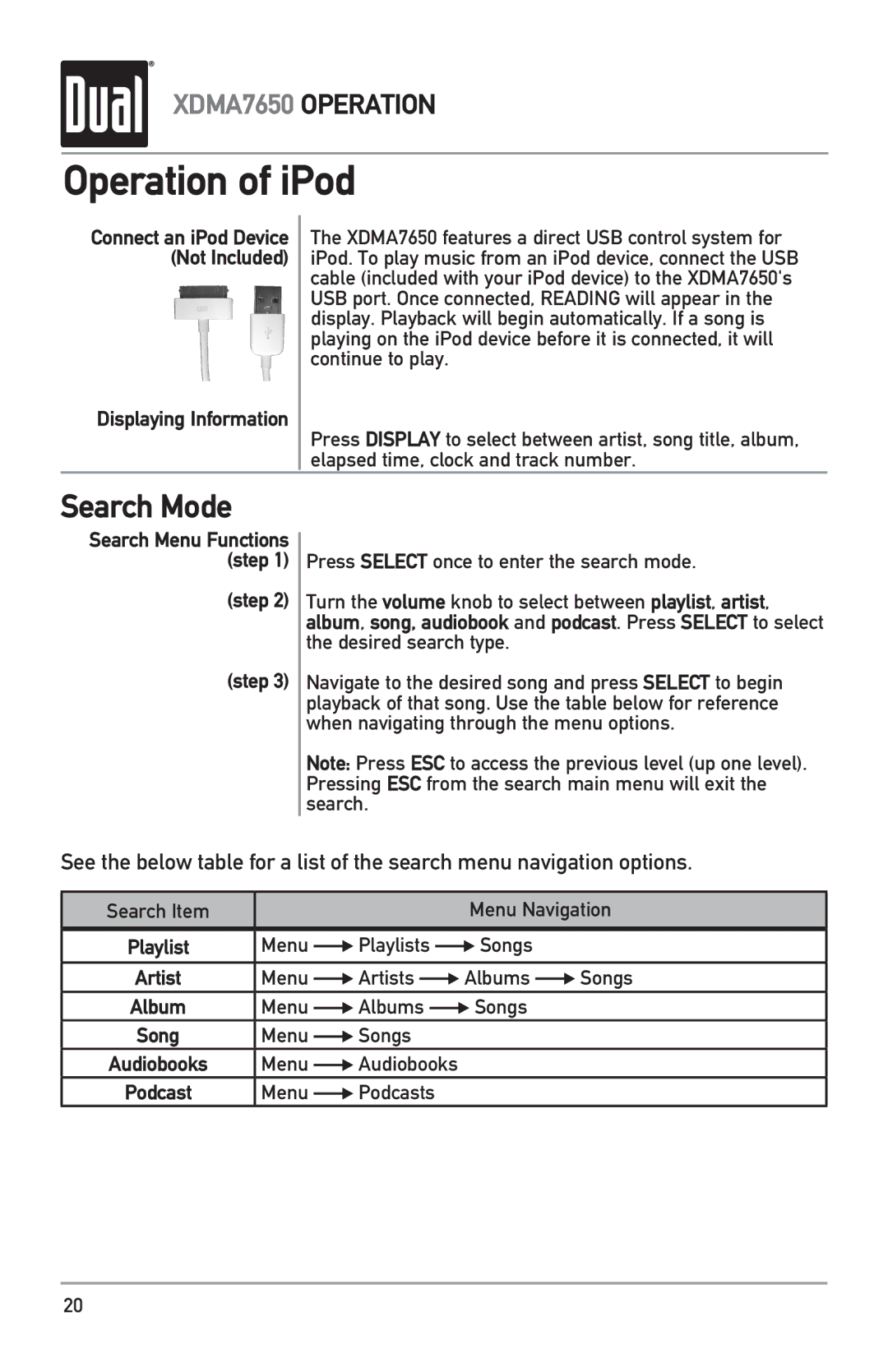 Dual XDMA7650 owner manual Operation of iPod, Search Mode 