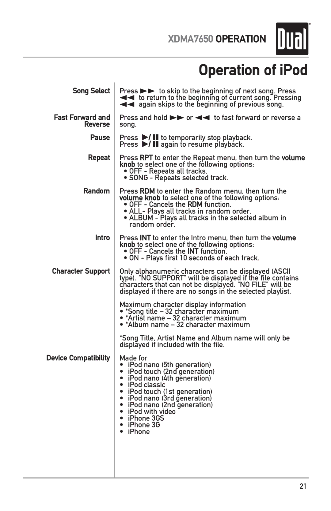 Dual XDMA7650 owner manual Press and hold llor nn to fast forward or reverse a song 