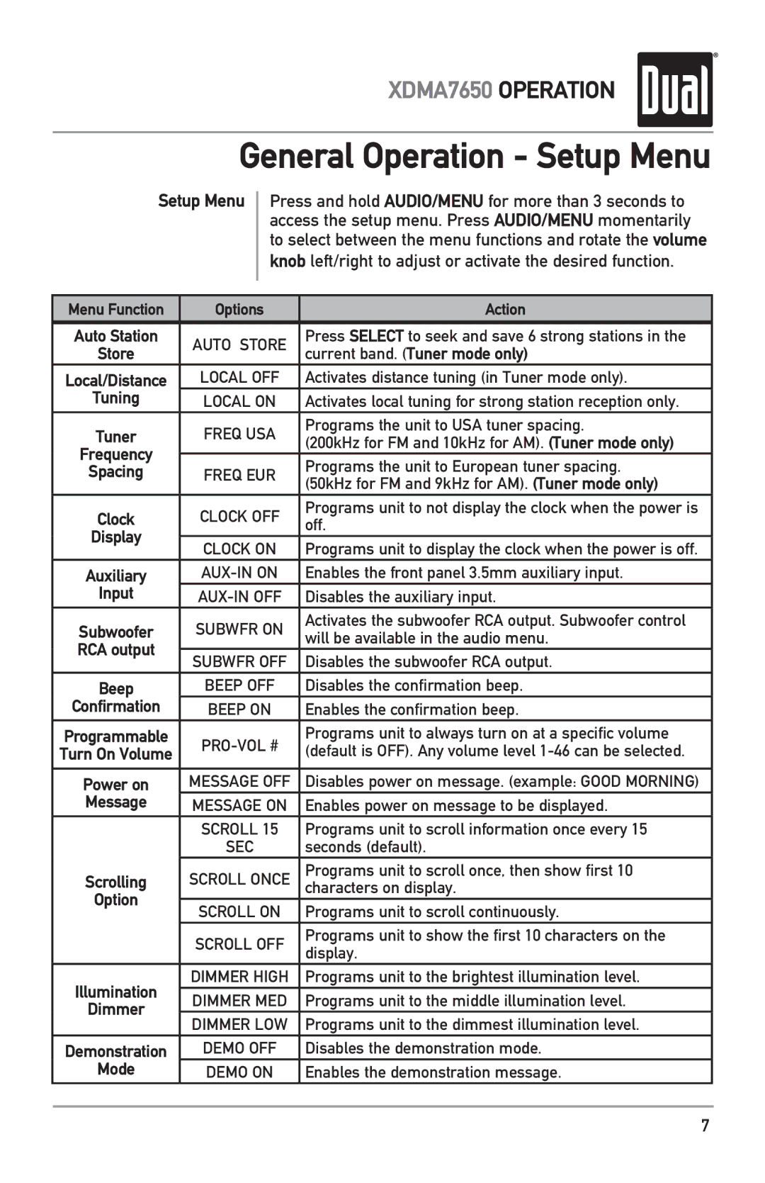 Dual XDMA7650 owner manual General Operation Setup Menu 